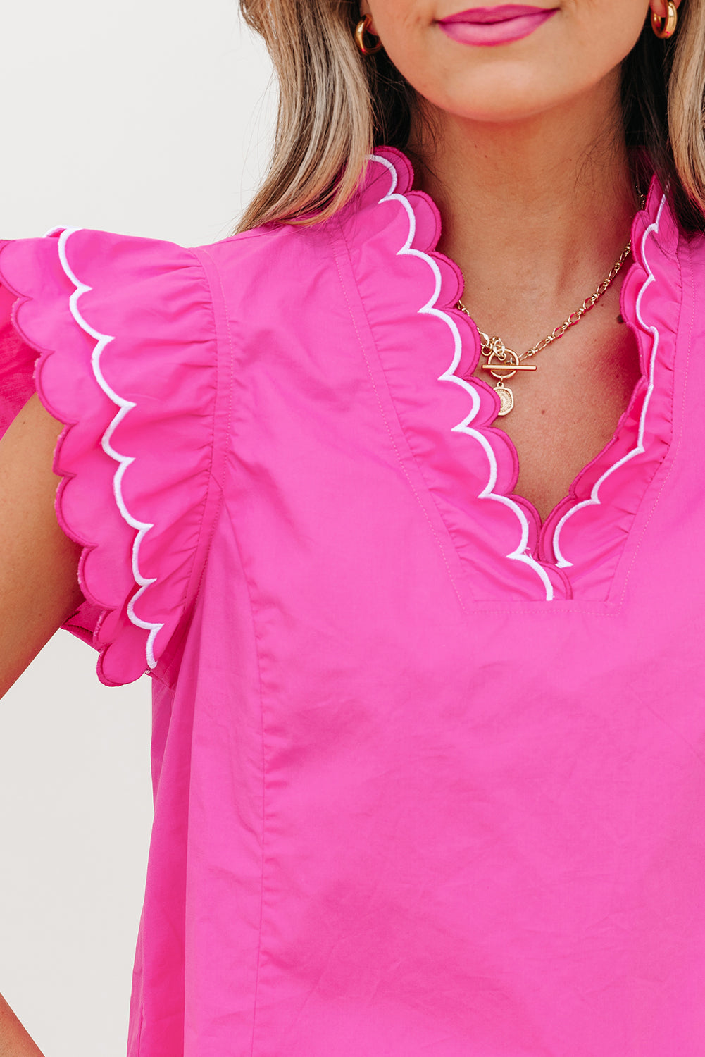 Bright Pink Contrast Scallop Trim Layered Short Sleeve V Neck Blouse-Tops/Blouses & Shirts-[Adult]-[Female]-2022 Online Blue Zone Planet