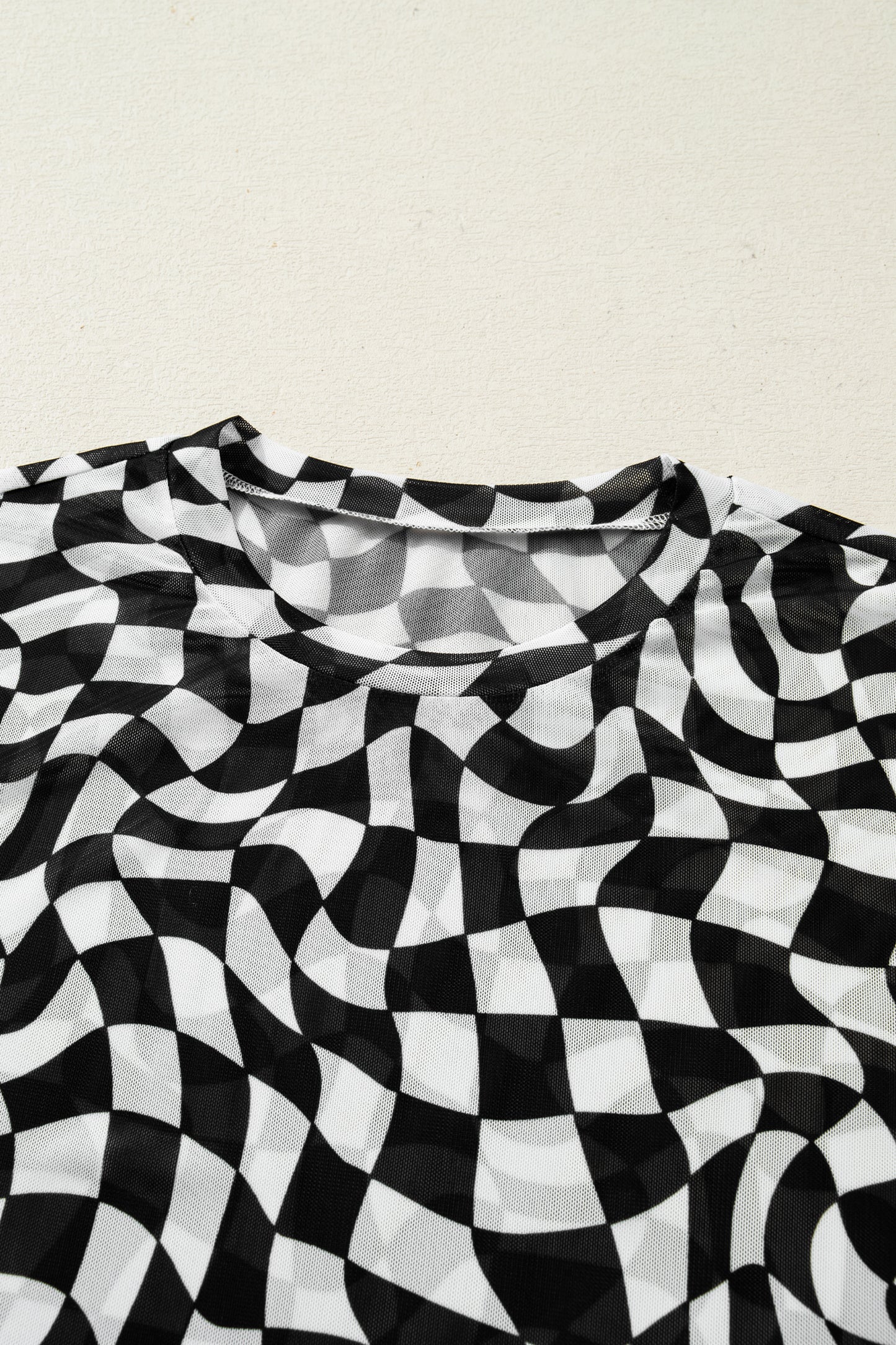 Black Checkered Print Mock Neck Mesh T Shirt-Tops/Tops & Tees-[Adult]-[Female]-2022 Online Blue Zone Planet