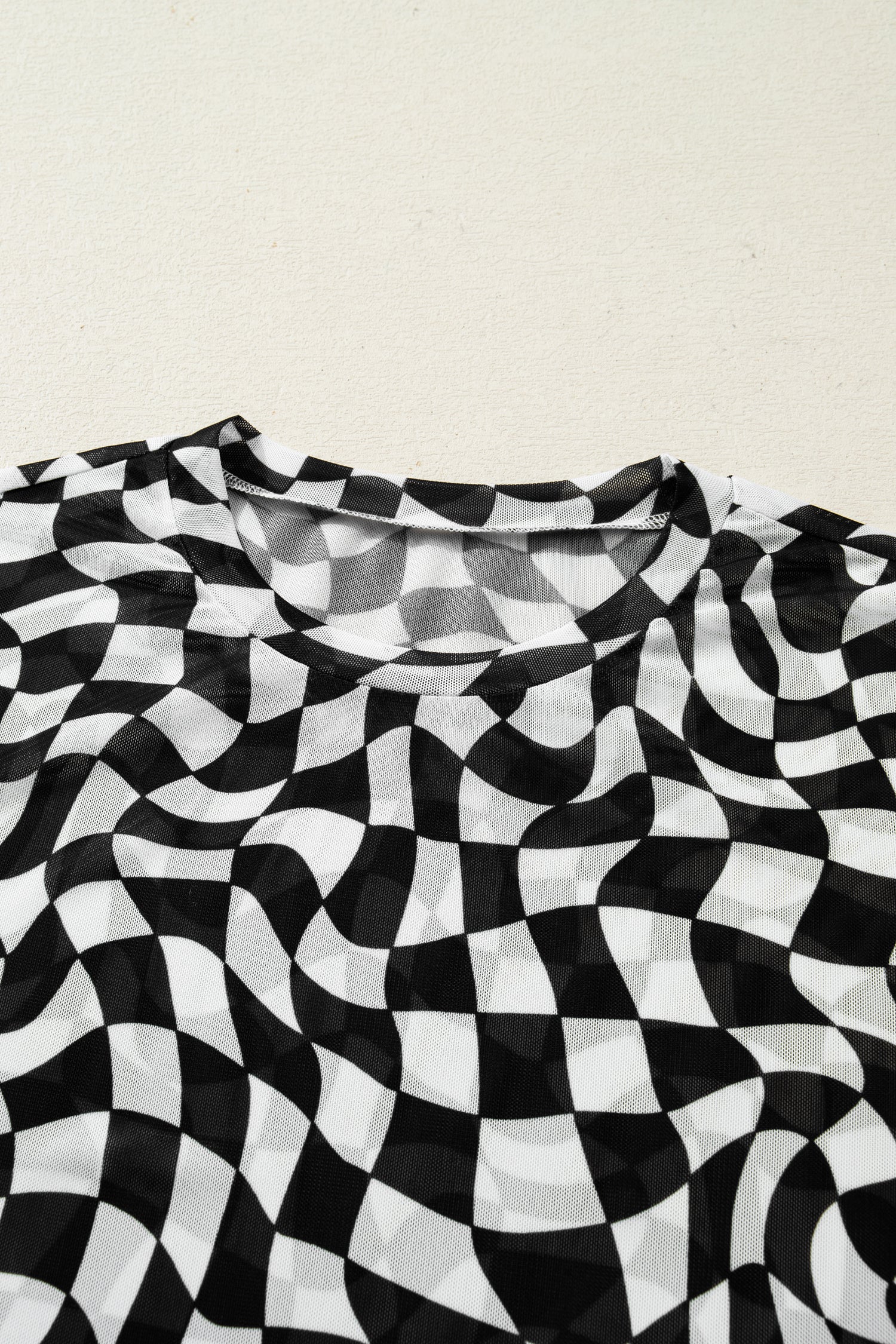 Black Checkered Print Mock Neck Mesh T Shirt-Tops/Tops & Tees-[Adult]-[Female]-2022 Online Blue Zone Planet