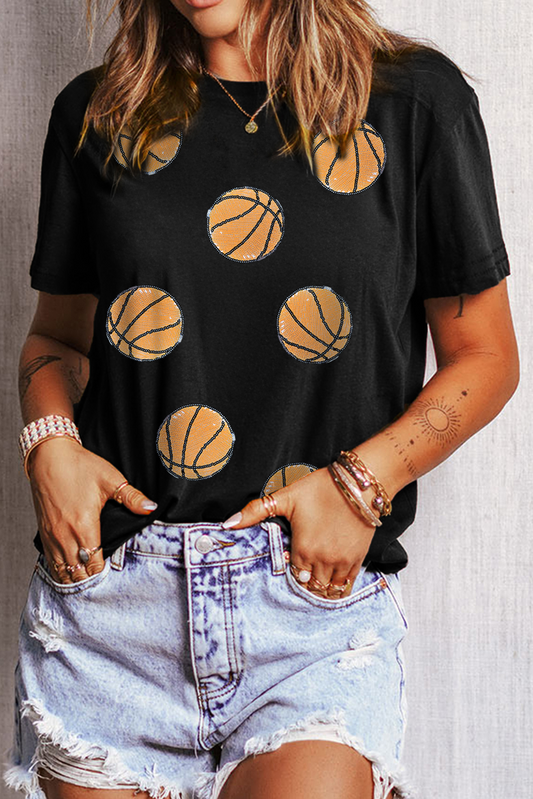 Black Sequin Basketball Graphic Crewneck Game Day T Shirt-Graphic/Graphic Tees-[Adult]-[Female]-Black-S-2022 Online Blue Zone Planet