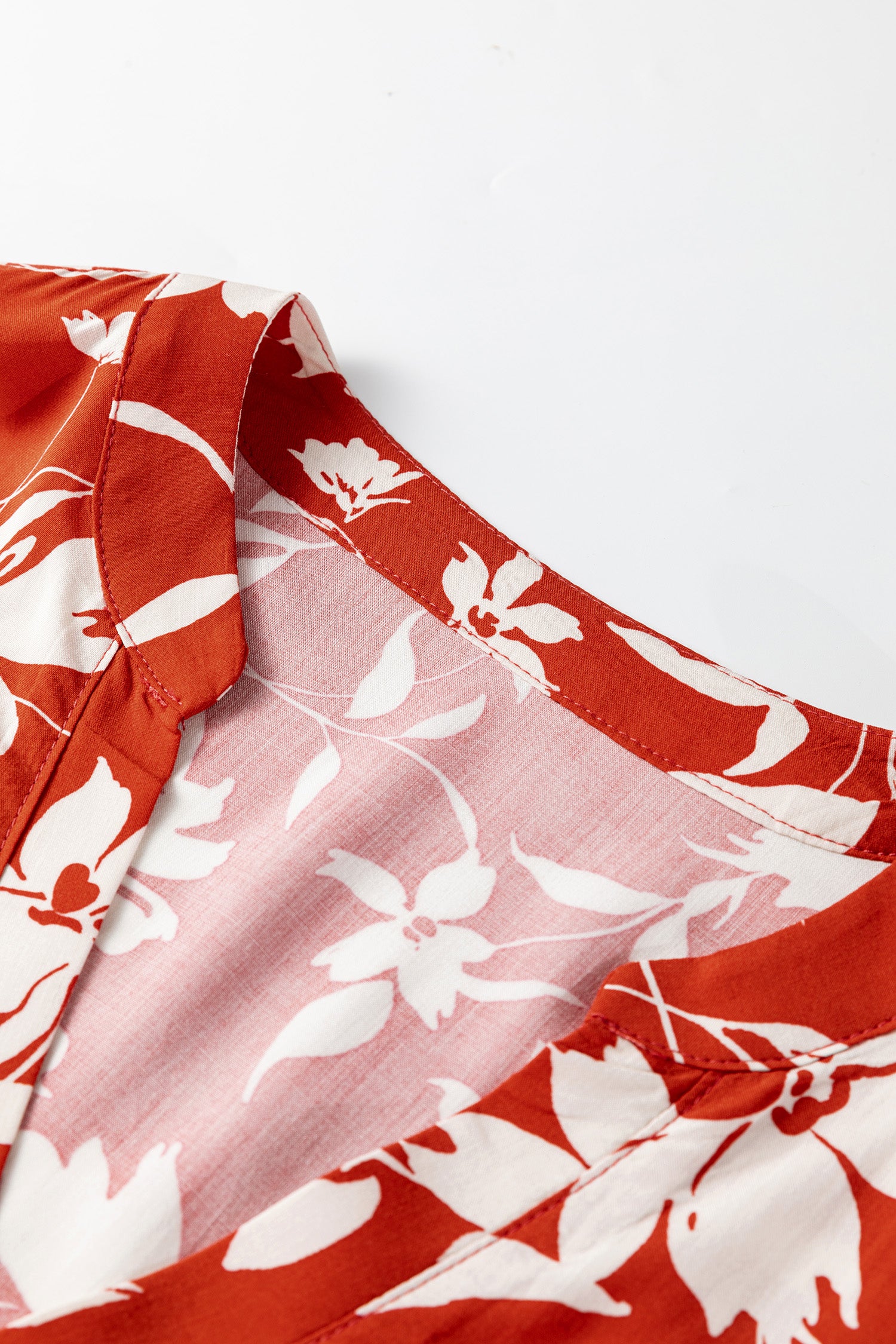 Red Boho Floral Print Lettuce Trim 3/4 Sleeve Mini Dress-TOPS / DRESSES-[Adult]-[Female]-2022 Online Blue Zone Planet