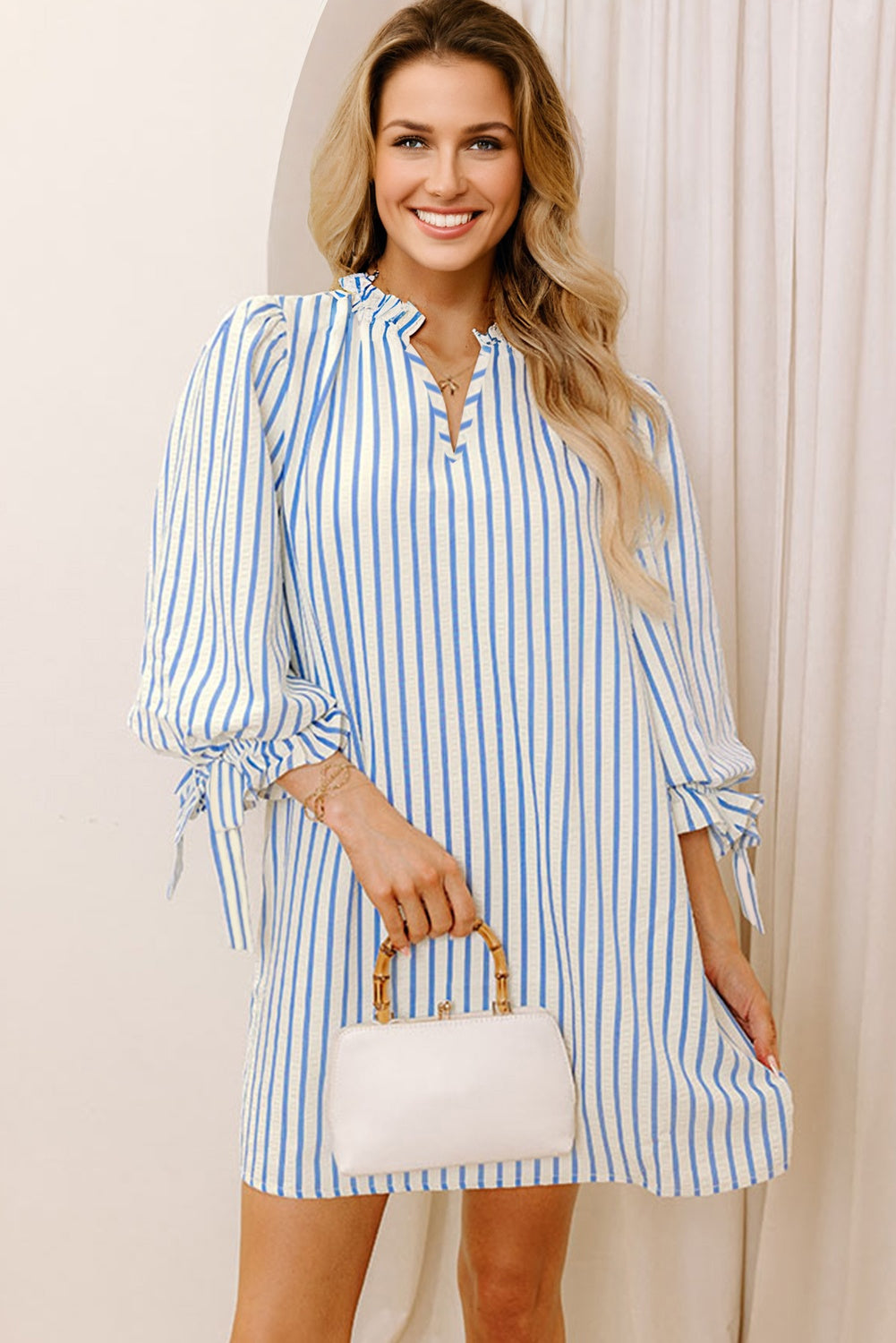 Sky Blue Stripe Knotted Bracelet Sleeve Notched Neck Shift Mini Dress-TOPS / DRESSES-[Adult]-[Female]-2022 Online Blue Zone Planet