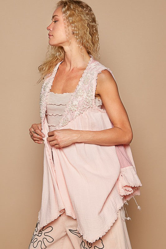 POL Embroidered Pearls Open Front Sleeveless Cardigan-TOPS / DRESSES-[Adult]-[Female]-2022 Online Blue Zone Planet