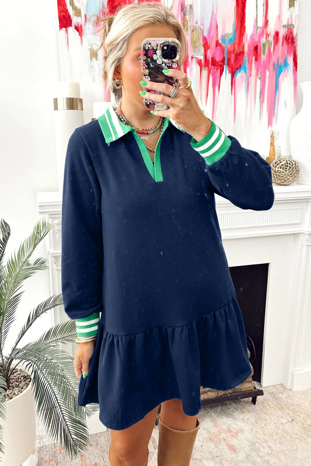 Navy Blue Contrast Striped Cuffs Polo Collar Patchwork Long Sleeve Ruffle Hem Mini Dress-TOPS / DRESSES-[Adult]-[Female]-2022 Online Blue Zone Planet
