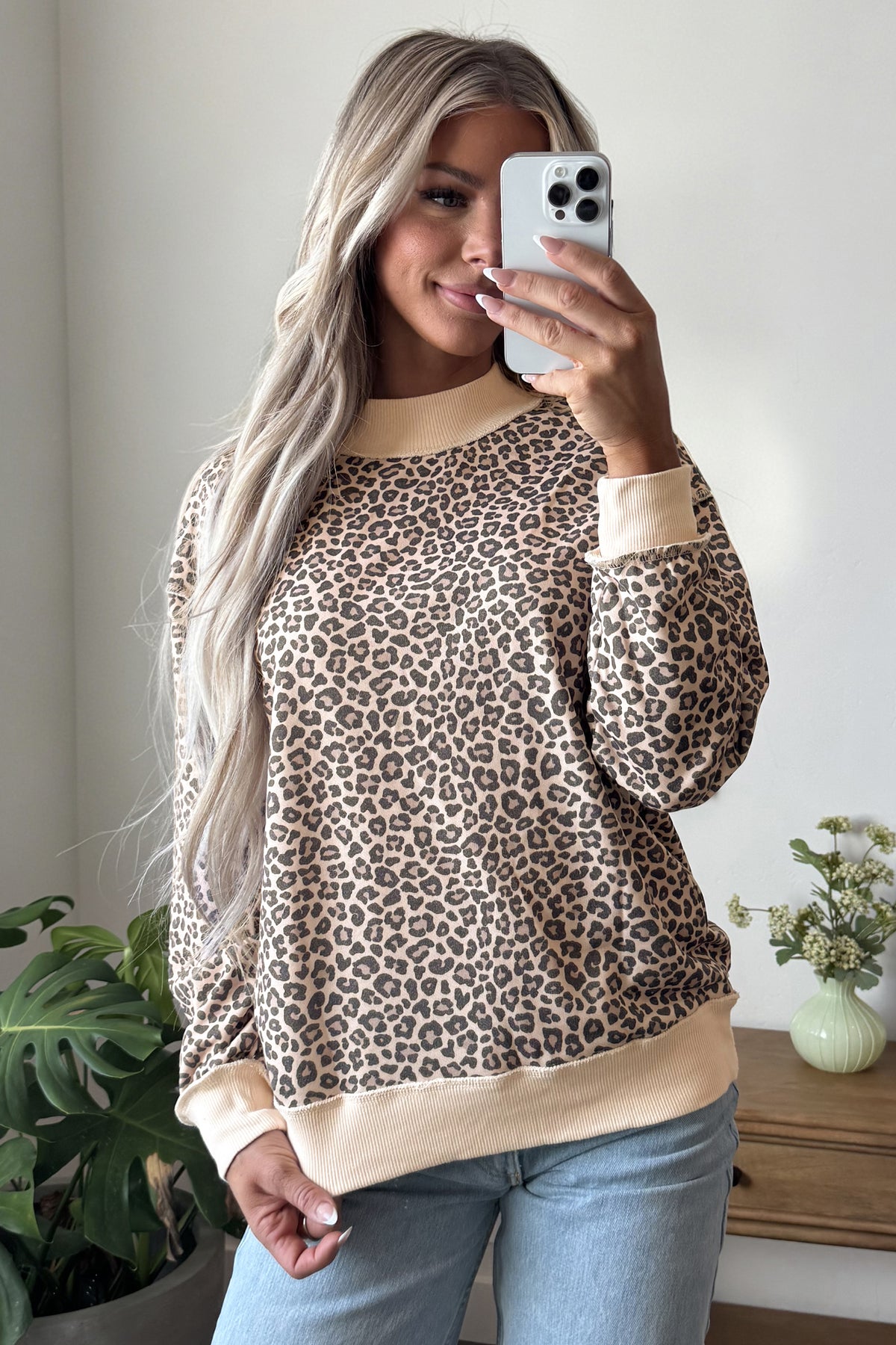 Multicolour Leopard Print High Neck Long Sleeve Ribbed Cuffs Hem Sweatshirt-Tops/Sweatshirts & Hoodies-[Adult]-[Female]-2022 Online Blue Zone Planet