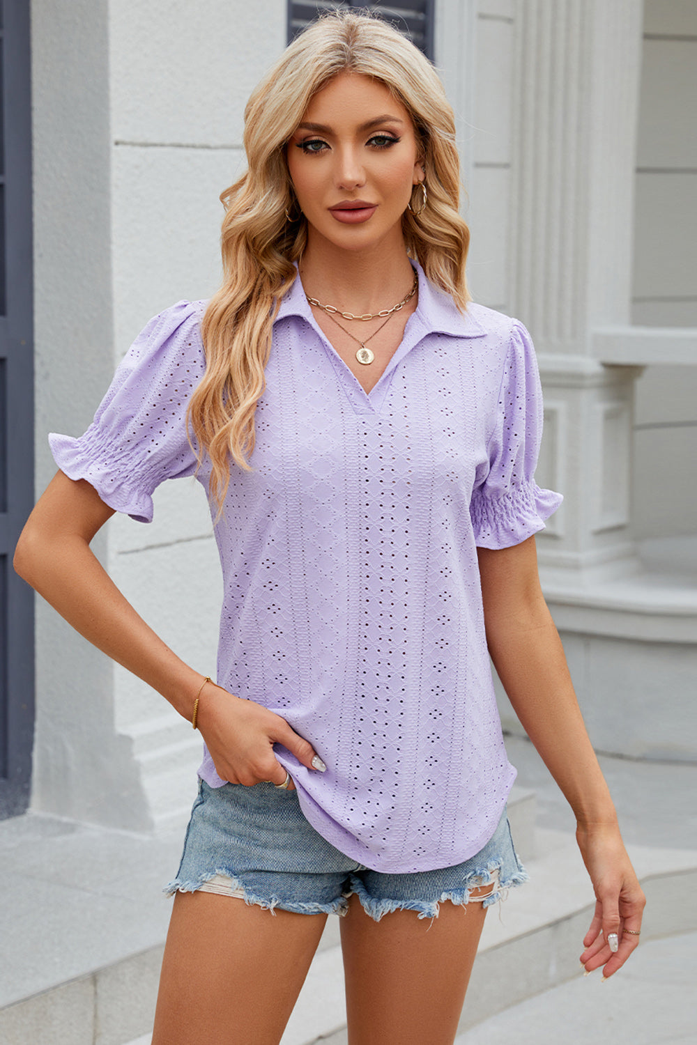 Eyelet Johnny Collar Short Sleeve Blouse-TOPS / DRESSES-[Adult]-[Female]-2022 Online Blue Zone Planet