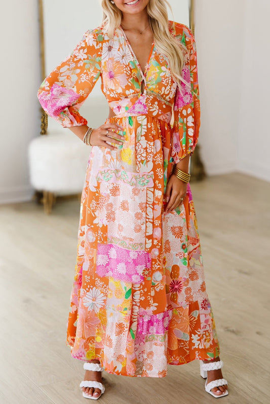 Orange Floral Patchwork Print Cut out Tied Back Bracelet Sleeve Maxi Dress-Bracelet-[Adult]-[Female]-Orange-S-2022 Online Blue Zone Planet