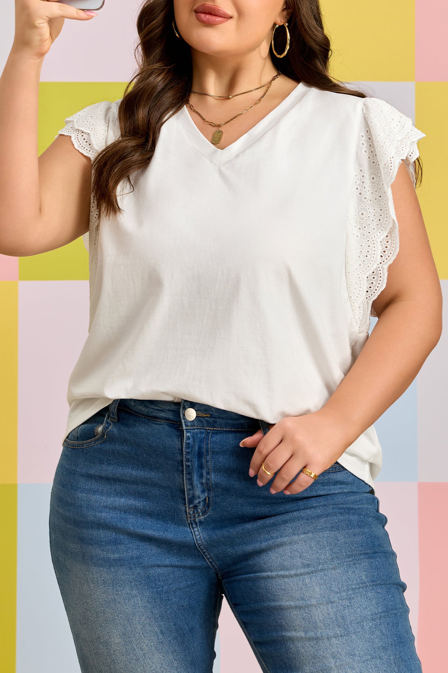 White Eyelet Crochet Splicing Short Sleeve Plus Size Tee-Plus Size/Plus Size Tops/Plus Size Tops & Tees-[Adult]-[Female]-2022 Online Blue Zone Planet