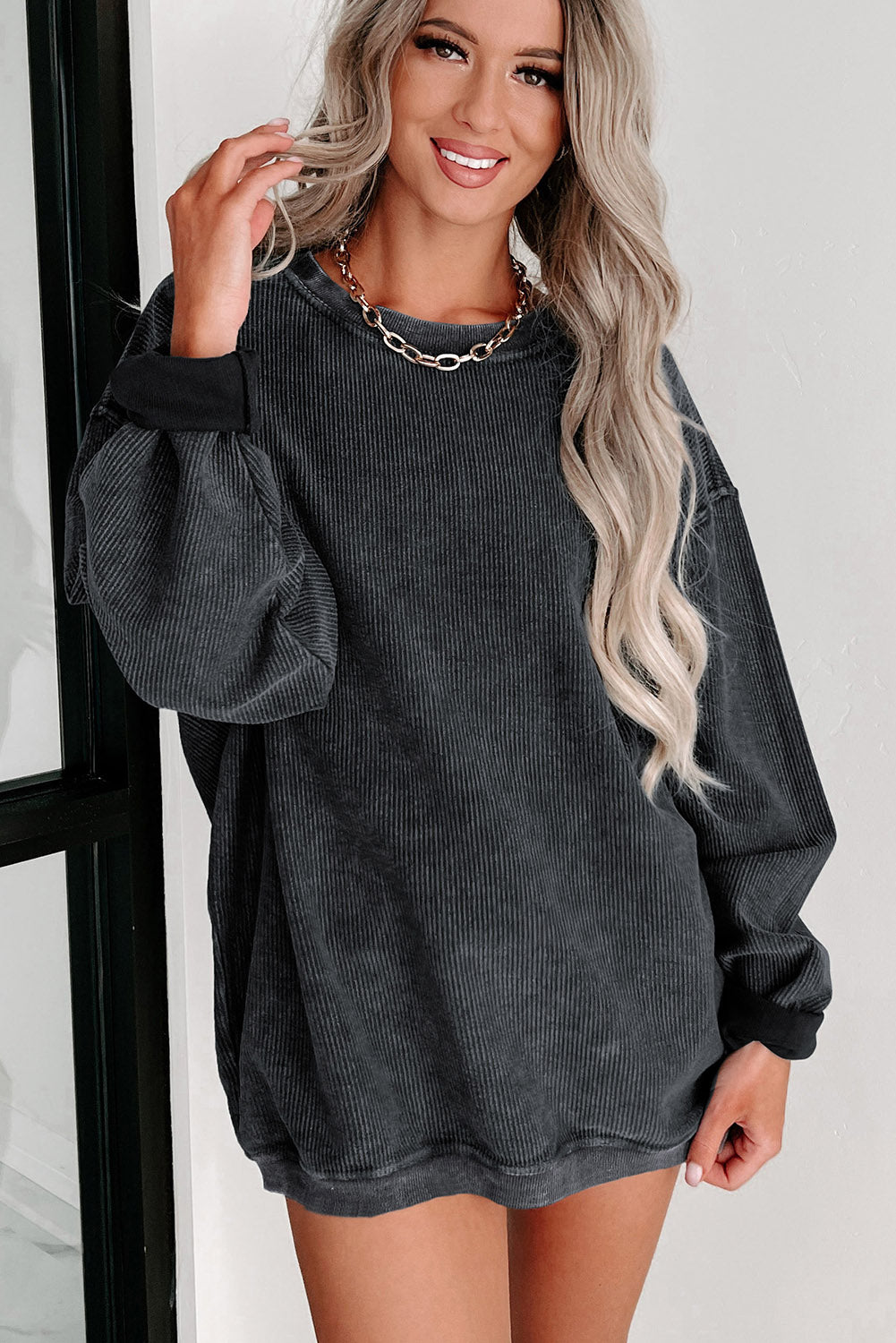 Khaki Solid Ribbed Knit Round Neck Pullover Sweatshirt-Tops/Sweatshirts & Hoodies-[Adult]-[Female]-2022 Online Blue Zone Planet