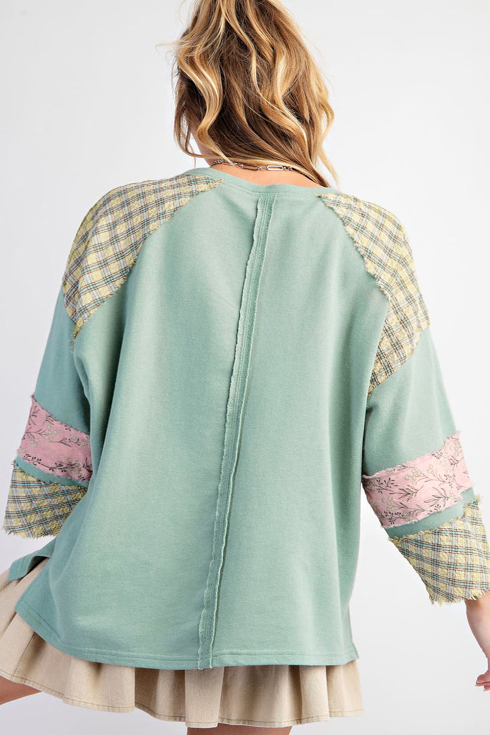 Clearly Aqua Plaid Floral Peace Heart Graphic Wide Long Sleeve Top-Tops/Long Sleeve Tops-[Adult]-[Female]-2022 Online Blue Zone Planet