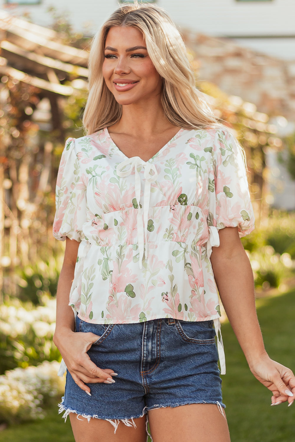 Pink Floral Puff Sleeve V Neck Tied Front Peplum Blouse-Tops/Blouses & Shirts-[Adult]-[Female]-2022 Online Blue Zone Planet