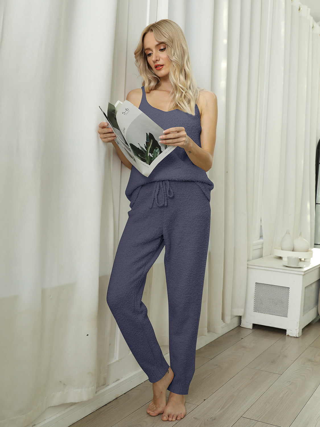 Blue Zone Planet | Fuzzy V-Neck Cami and Pants Lounge Set-TOPS / DRESSES-[Adult]-[Female]-2022 Online Blue Zone Planet