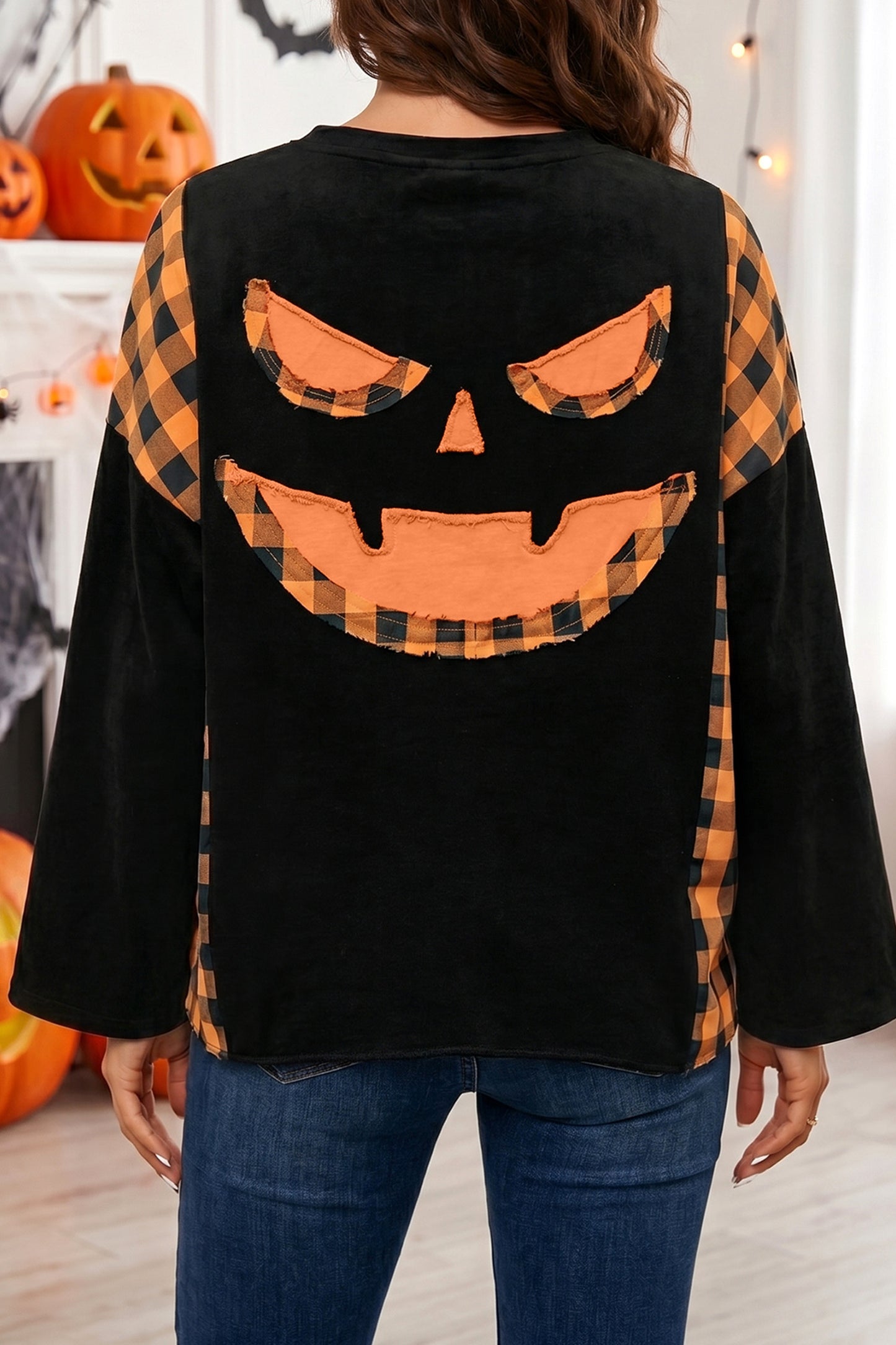 Black Patchwork Plaid Pumpkin Face Long Sleeve Top-Tops/Long Sleeve Tops-[Adult]-[Female]-Black-S-2022 Online Blue Zone Planet
