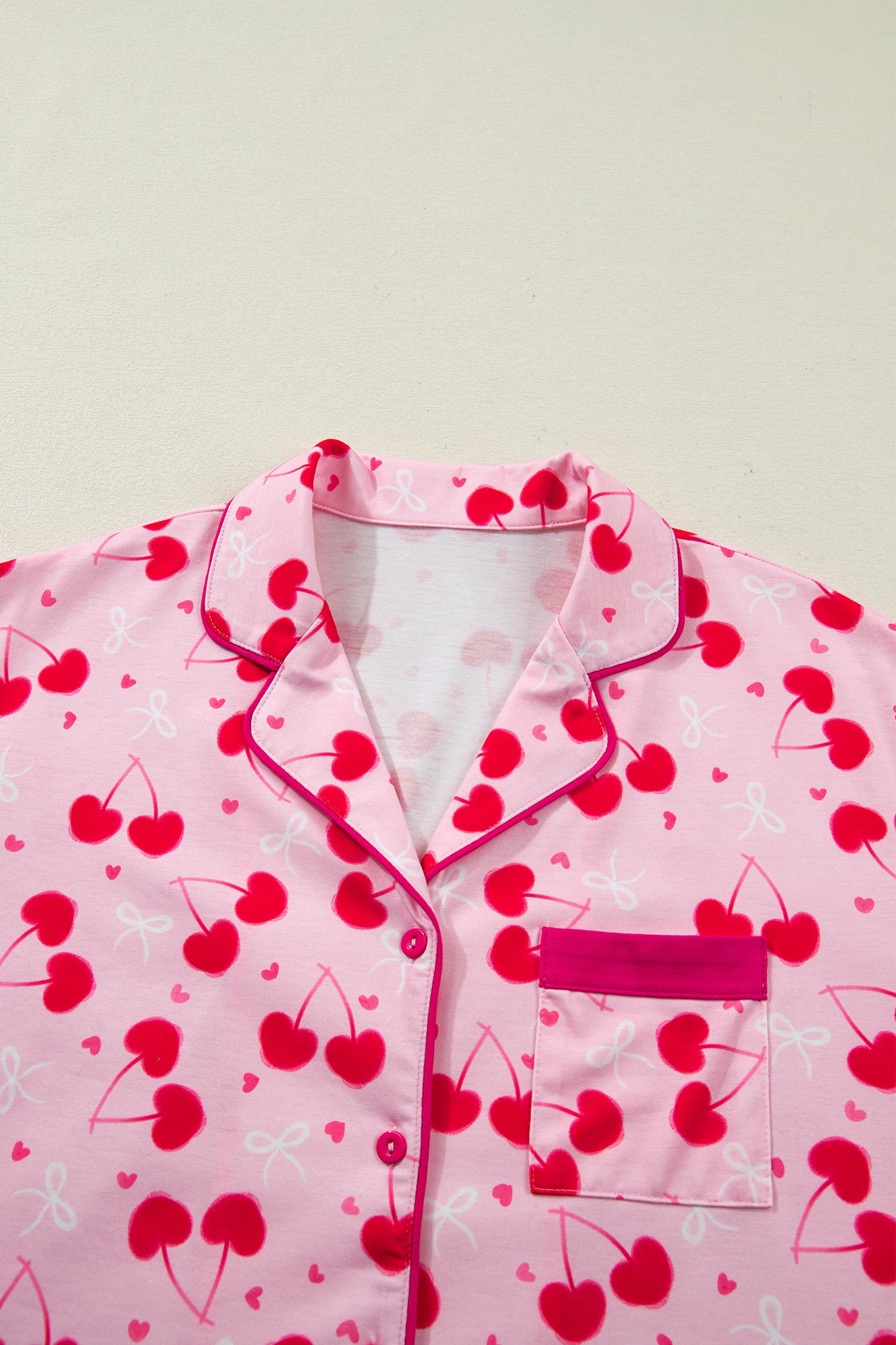 Rose Cherry Bow Mixed Print Scalloped Edge Short Pajama Set-Loungewear & Sleepwear/Loungewear-[Adult]-[Female]-2022 Online Blue Zone Planet