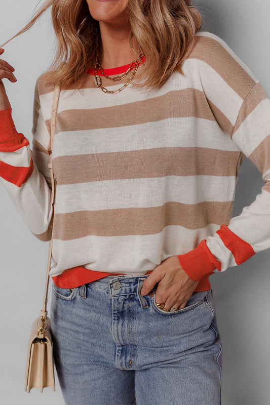 Contrast Striped Round Neck Drop Shoulder Knit Top-TOPS / DRESSES-[Adult]-[Female]-Stripe-S-2022 Online Blue Zone Planet