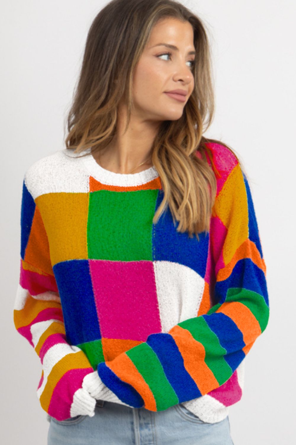 Blue Zone Planet | Color Block Round Neck Long Sleeve Sweater-TOPS / DRESSES-[Adult]-[Female]-2022 Online Blue Zone Planet