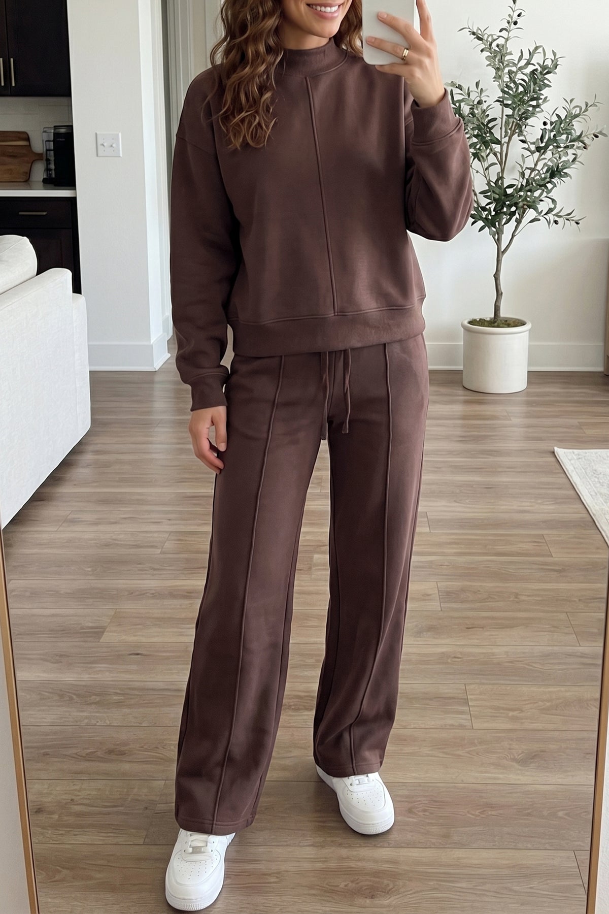Coffee Solid Color Piping Trim Mock Neck Pullover Drawstring Pants Set-Two Piece Sets/Pant Sets-[Adult]-[Female]-2022 Online Blue Zone Planet