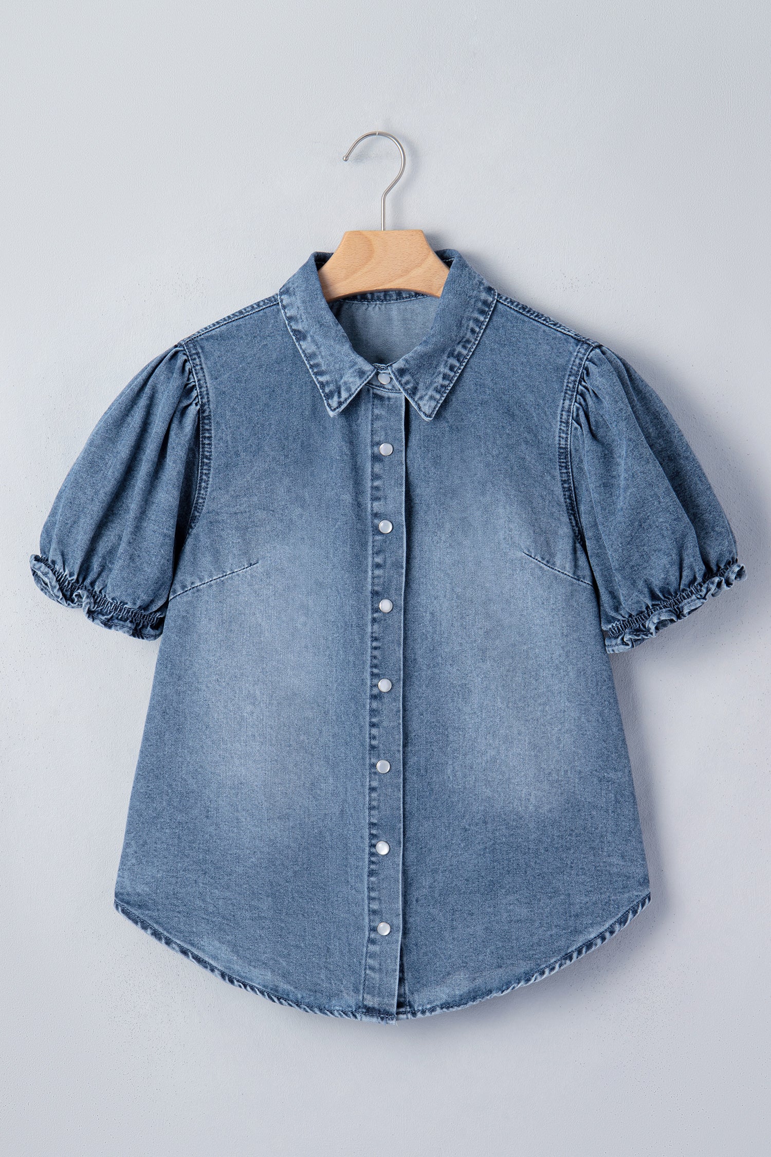 Beau Blue Frilled Short Sleeve Snap Button Denim Shirt-Tops/Blouses & Shirts-[Adult]-[Female]-2022 Online Blue Zone Planet