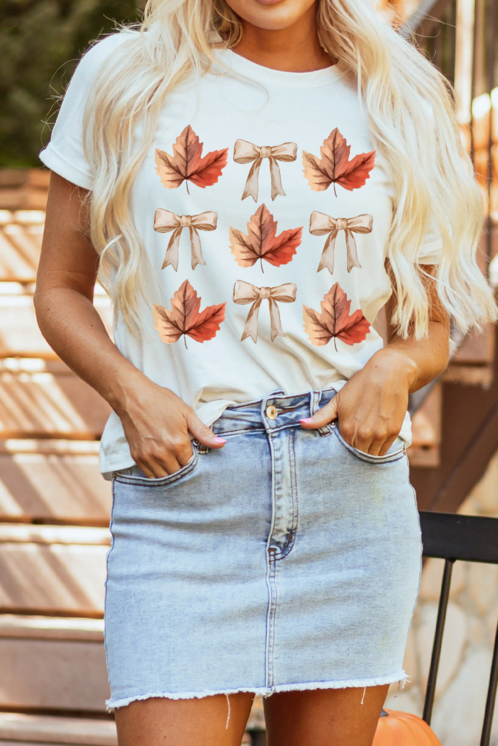 White Fall Leaf Bow Print Thanksgiving T Shirt-Graphic/Graphic Tees-[Adult]-[Female]-2022 Online Blue Zone Planet