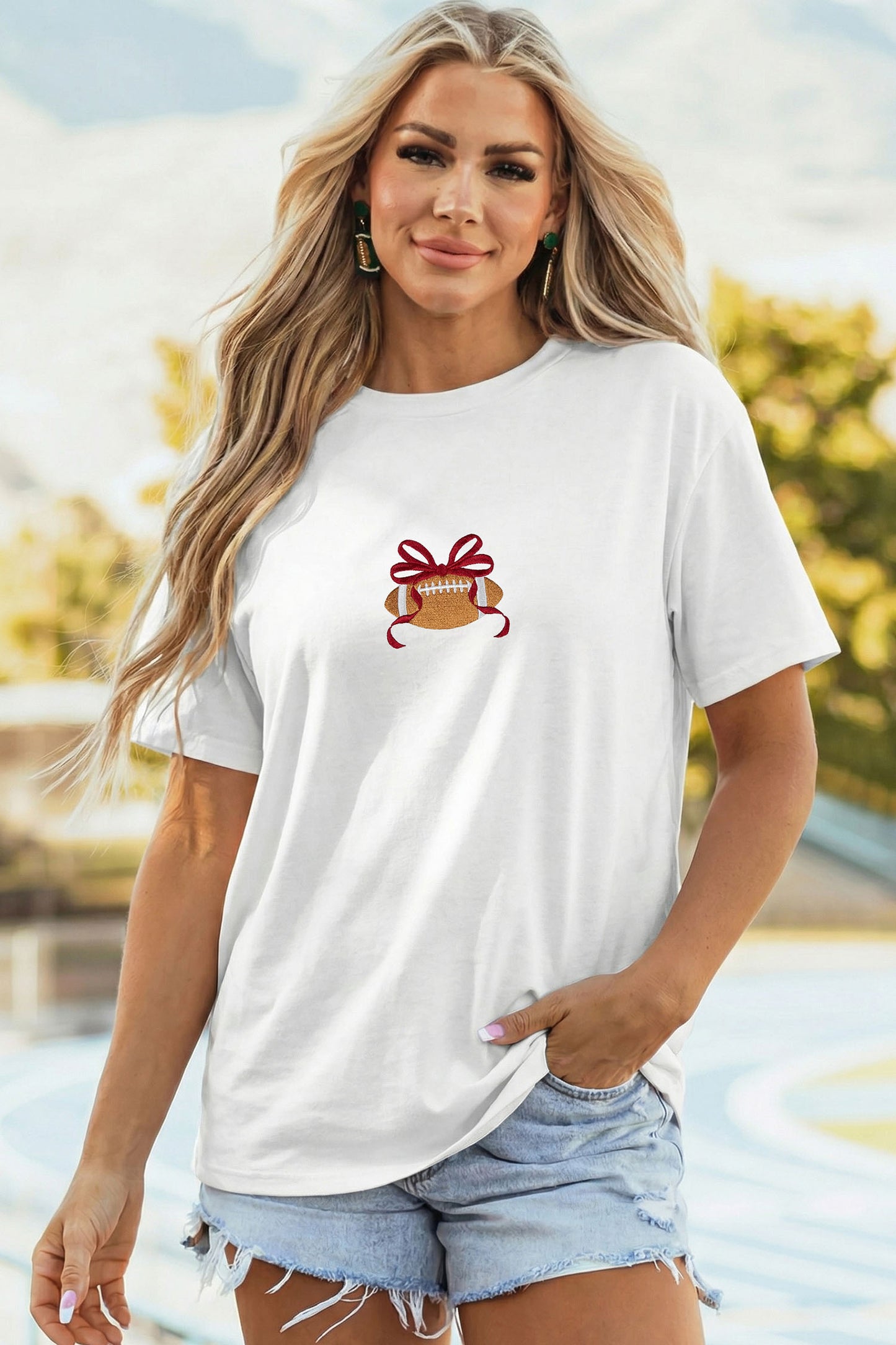 White Embroidered Bow Rugby Graphic Casual T-Shirt