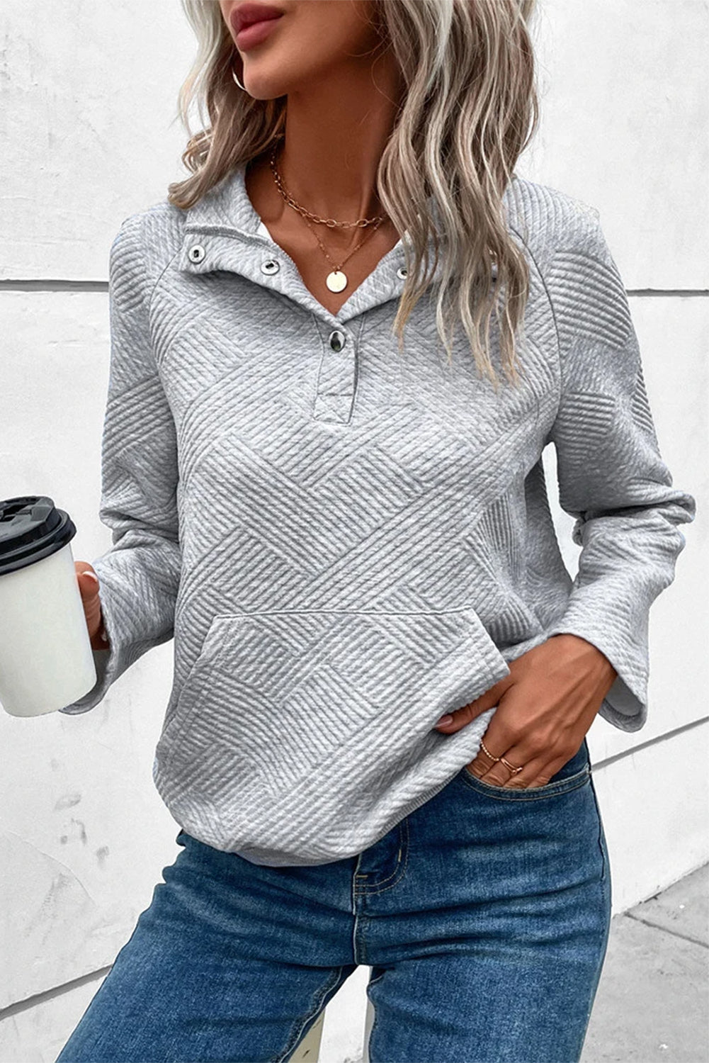 Light Grey Textured Knit Buttoned Kangaroo Pocket Sweatshirt-Tops/Sweatshirts & Hoodies-[Adult]-[Female]-Light Grey-S-2022 Online Blue Zone Planet
