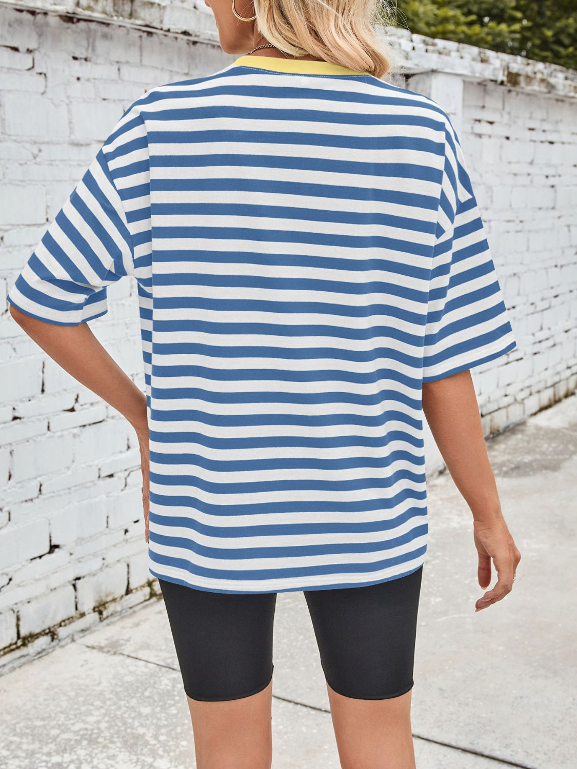 Lovelet Striped Round Neck Half Sleeve T-Shirt-TOPS / DRESSES-[Adult]-[Female]-Blue-S-2022 Online Blue Zone Planet