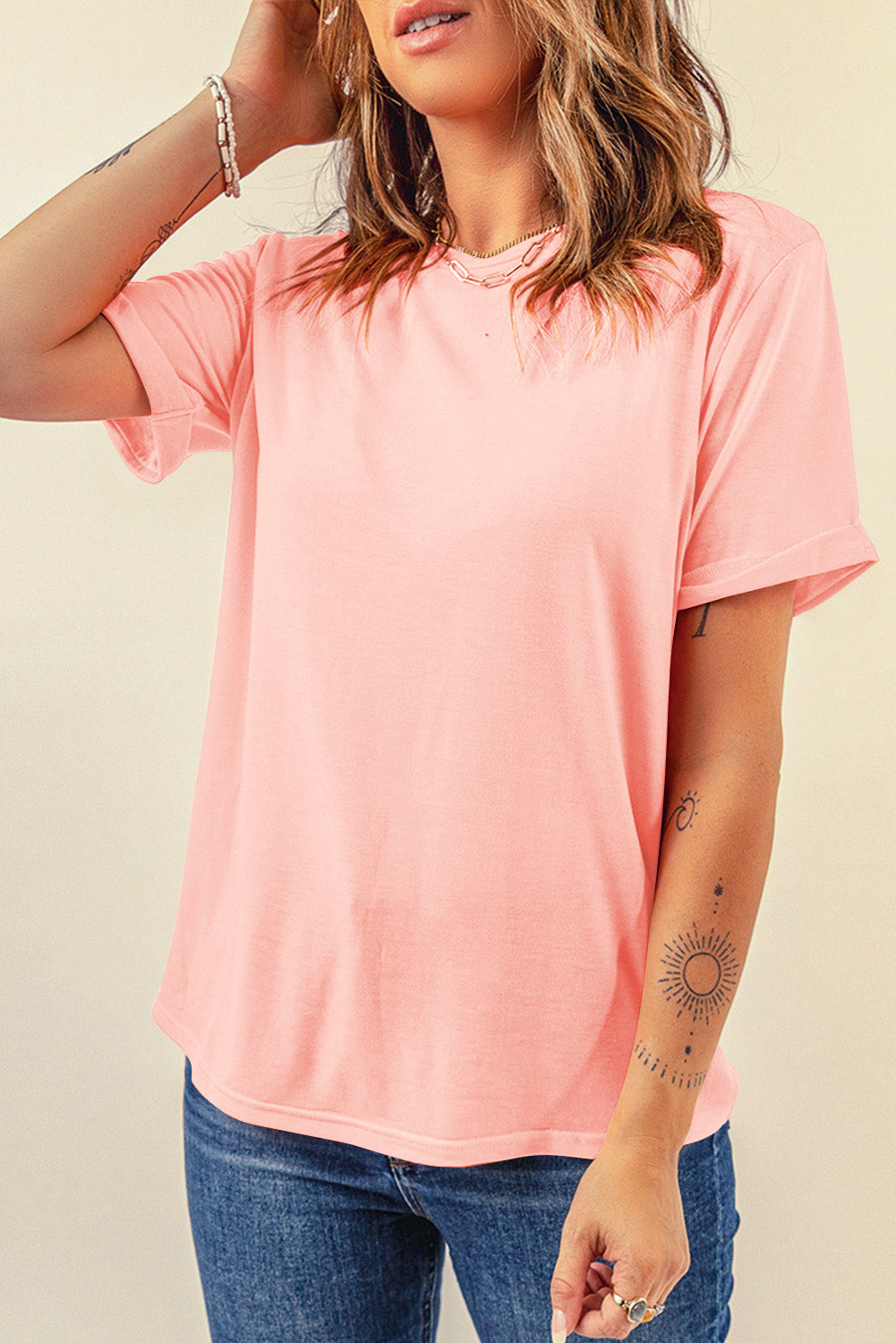 Bright Green Casual Plain Crew Neck Tee-Tops/Tops & Tees-[Adult]-[Female]-Pink-S-2022 Online Blue Zone Planet