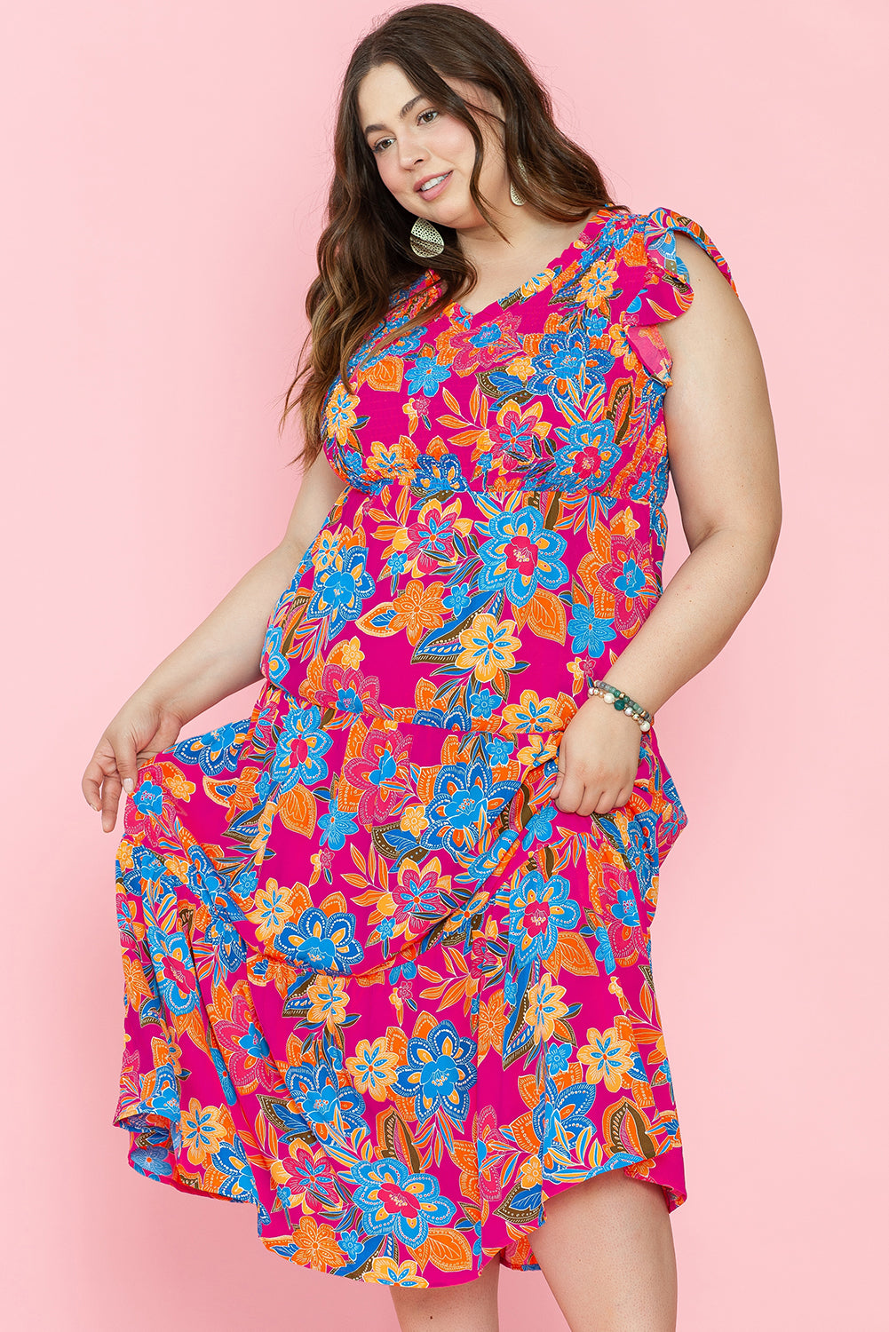 Blue Zone Planet | Red Floral Print Ruffled Sleeveless Plus Size Long Dress-TOPS / DRESSES-[Adult]-[Female]-2022 Online Blue Zone Planet