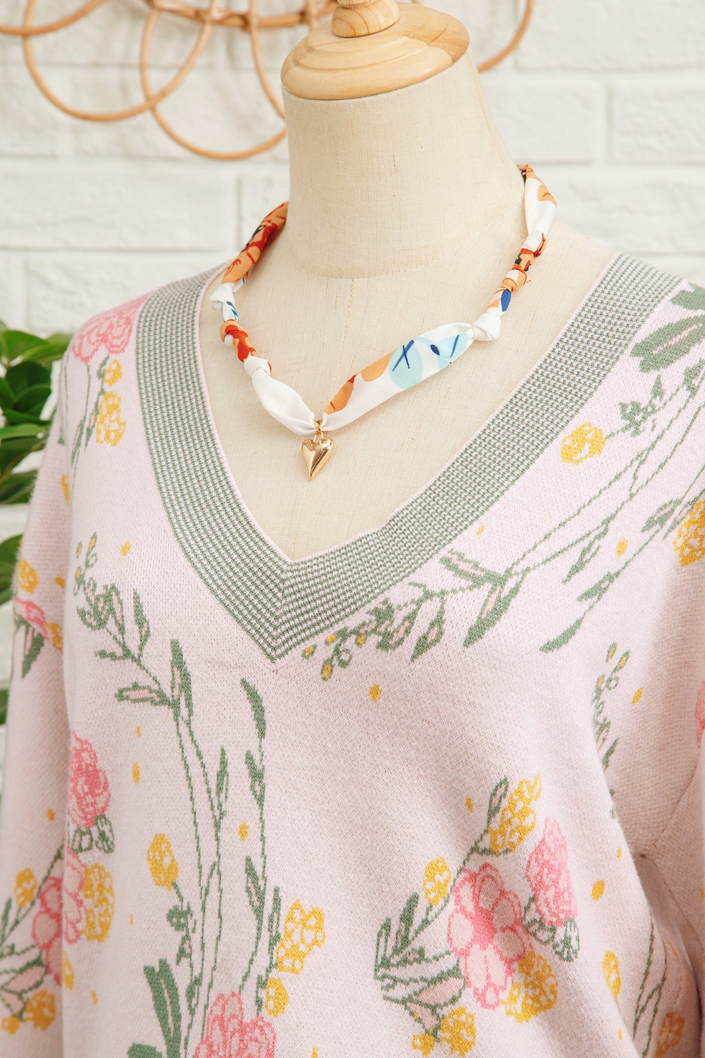 Pink Floral Pattern Striped V Neck Loose Sweater-TOPS / DRESSES-[Adult]-[Female]-2022 Online Blue Zone Planet