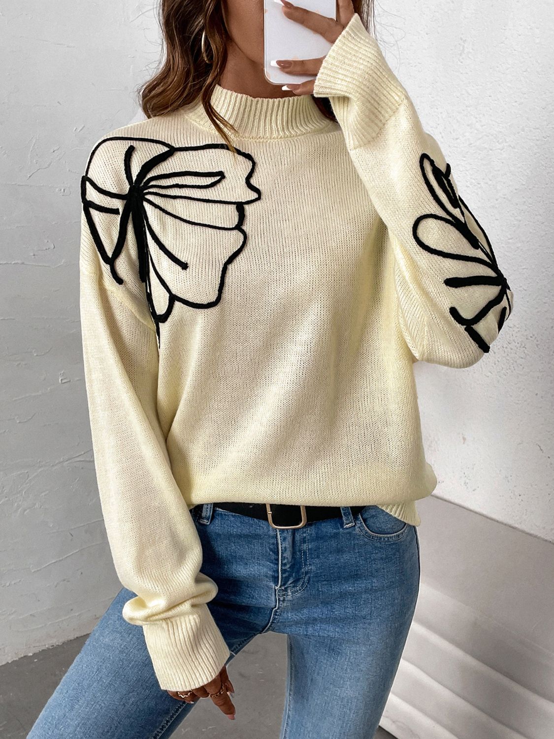 Perfee Mock Neck Dropped Shoulder Long Sleeve Sweater-TOPS / DRESSES-[Adult]-[Female]-Pastel Yellow-S-2022 Online Blue Zone Planet