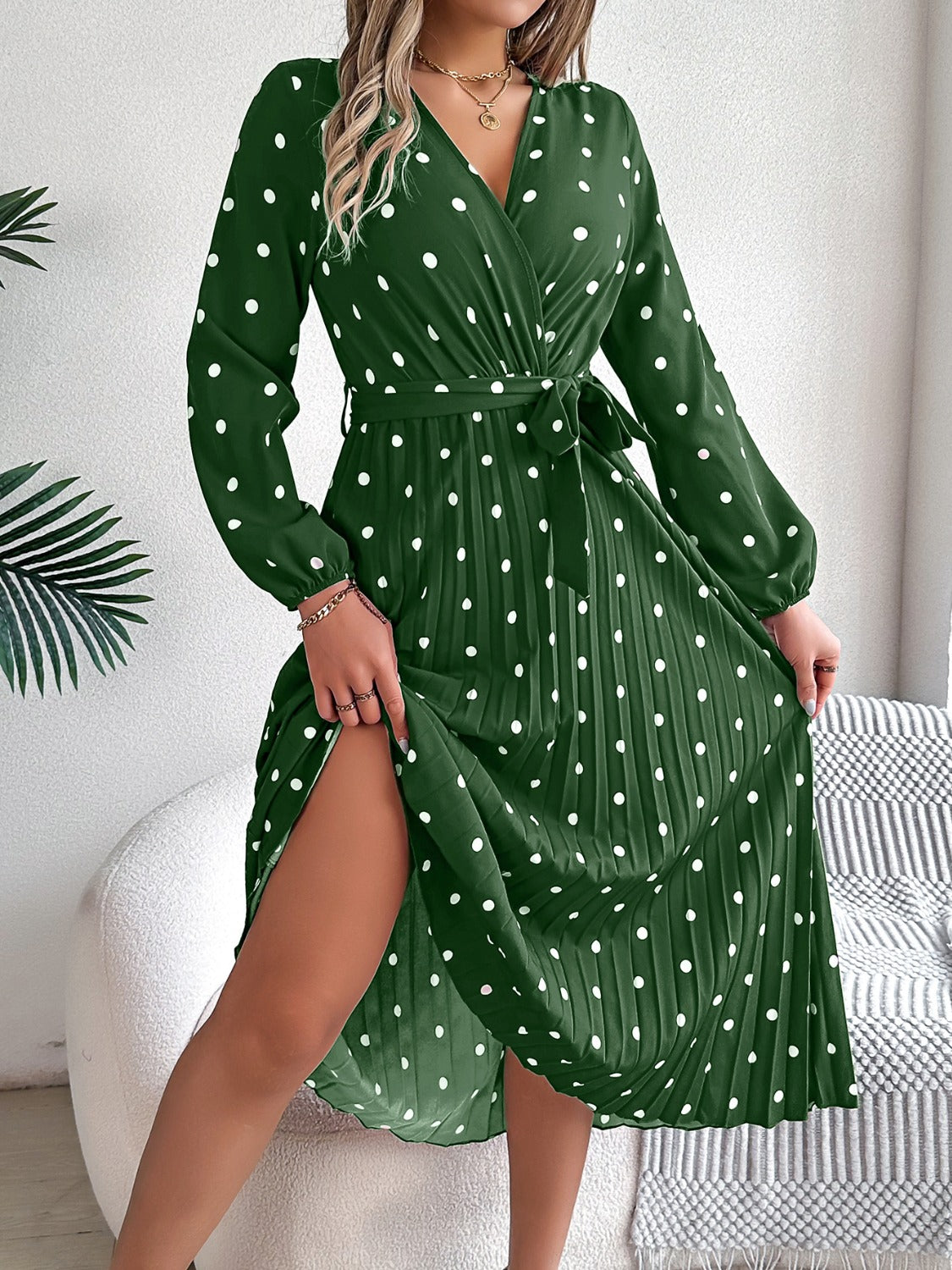 Blue Zone Planet | Tied Polka Dot Long Sleeve Midi Dress-TOPS / DRESSES-[Adult]-[Female]-2022 Online Blue Zone Planet