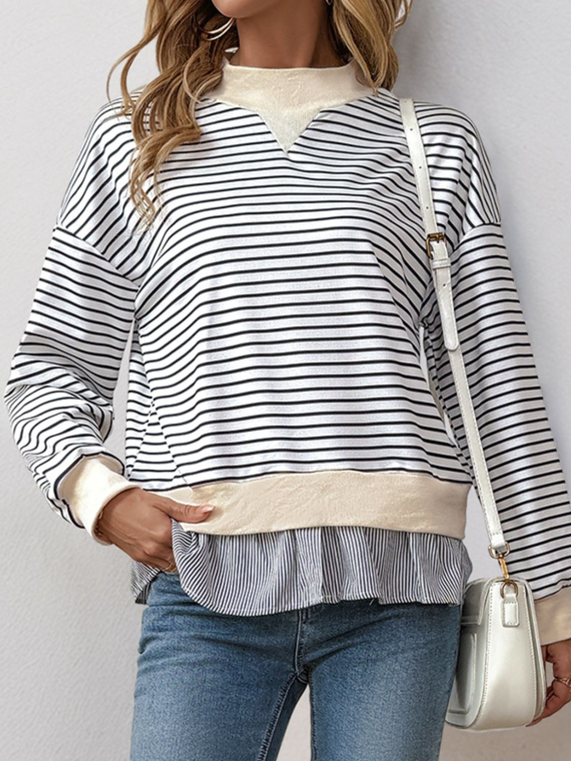 Perfee Faux Layered Striped Long Sleeve Sweatshirt-TOPS / DRESSES-[Adult]-[Female]-2022 Online Blue Zone Planet