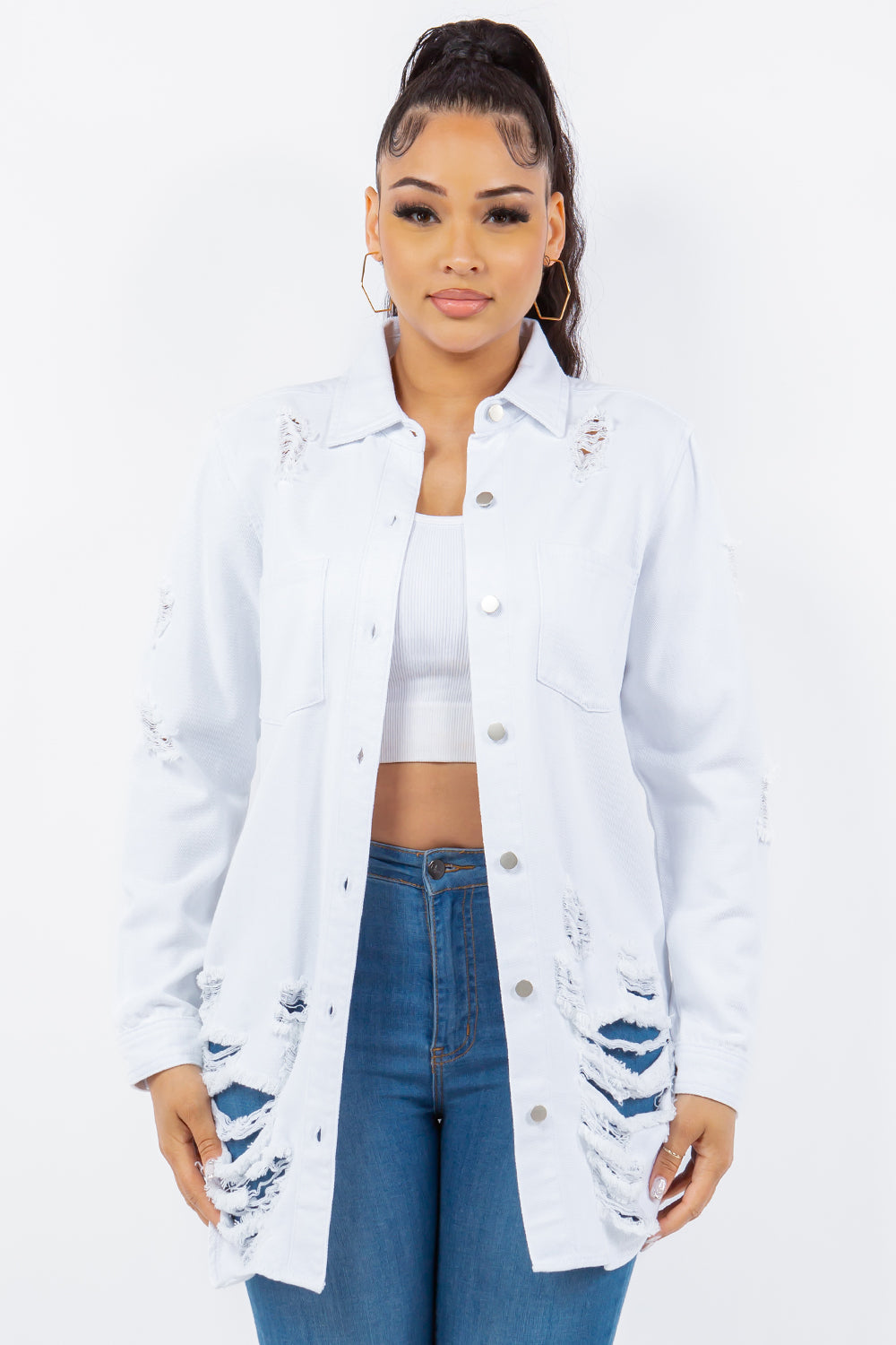 American Bazi Distressed Button Up Long Sleeve Denim Jacket-TOPS / DRESSES-[Adult]-[Female]-White-S-2022 Online Blue Zone Planet