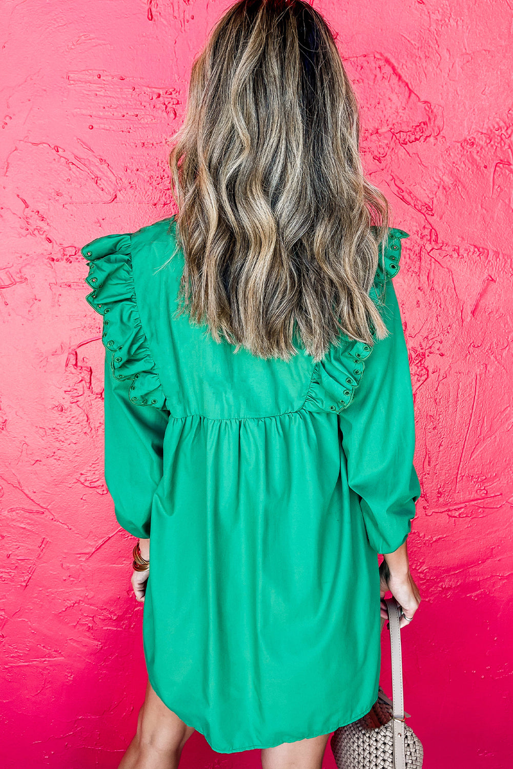 Bright Green Embroidered Ruffled Trim 3/4 Sleeve V Neck Mini Dress-Dresses/Mini Dresses-[Adult]-[Female]-2022 Online Blue Zone Planet