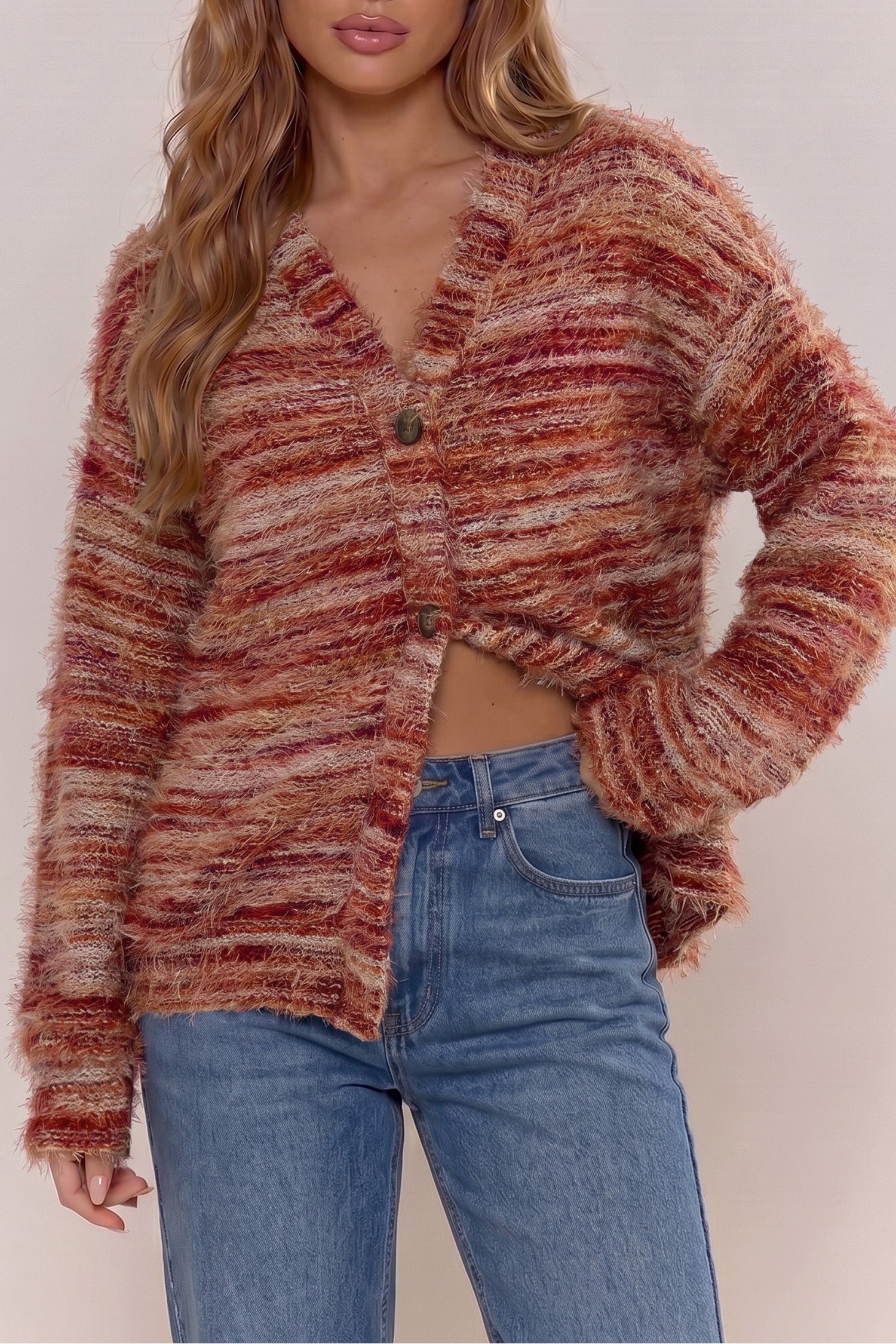 Tawny Fuzzy Striped Button Front Cardigan Sweater-Sweaters & Cardigans/Cardigans-[Adult]-[Female]-2022 Online Blue Zone Planet