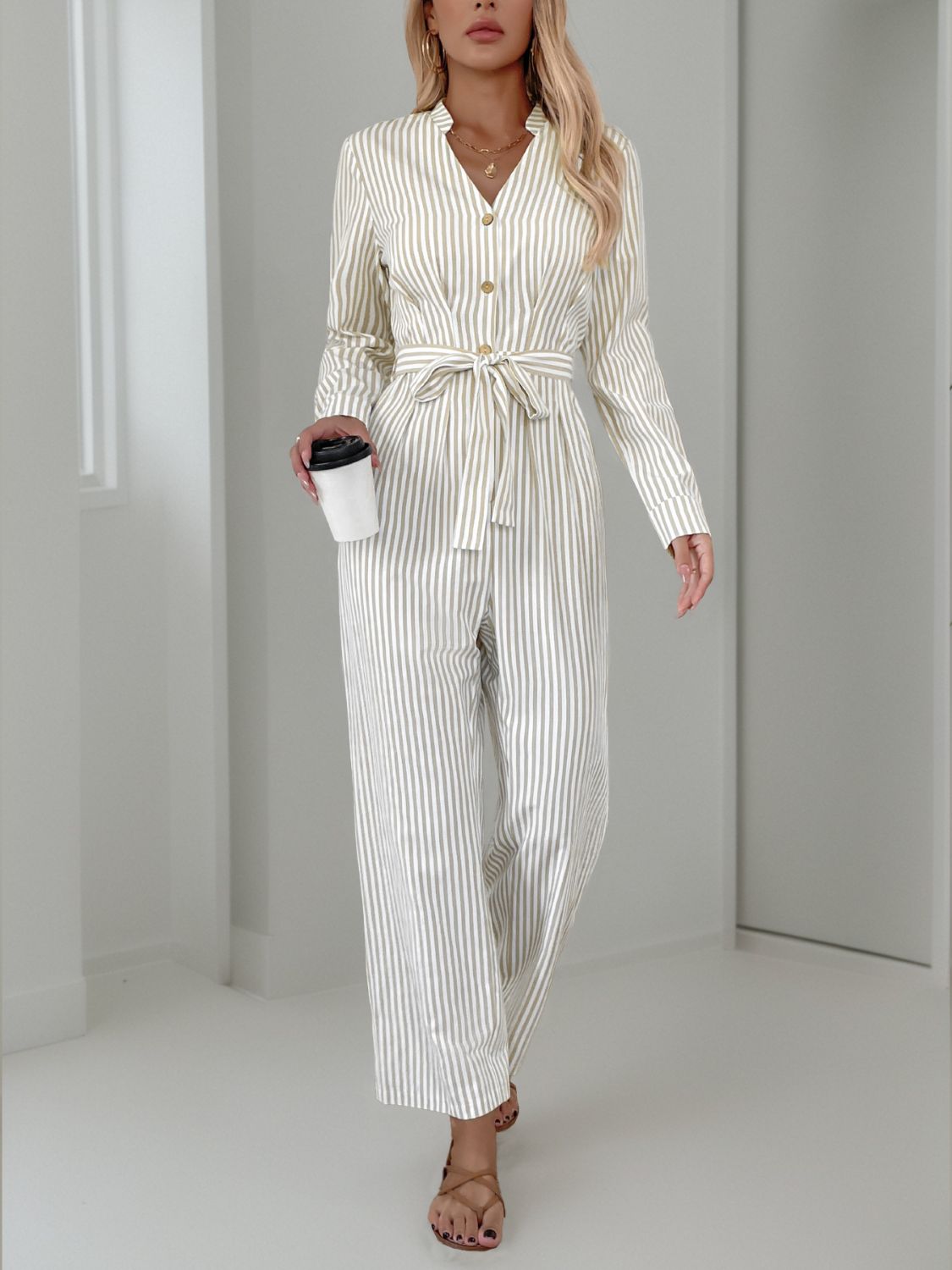 Striped Notched Long Sleeve Tie Waist Jumpsuit-TOPS / DRESSES-[Adult]-[Female]-2022 Online Blue Zone Planet