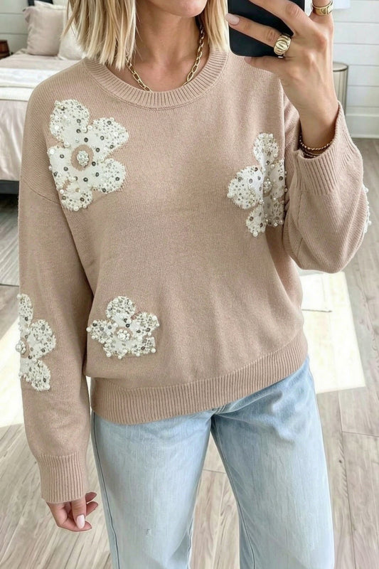 Smoke Gray Beaded Floral Patchwork Ribbed Trim Round Neck Sweater-TOPS / DRESSES-[Adult]-[Female]-Smoke Gray-S-2022 Online Blue Zone Planet