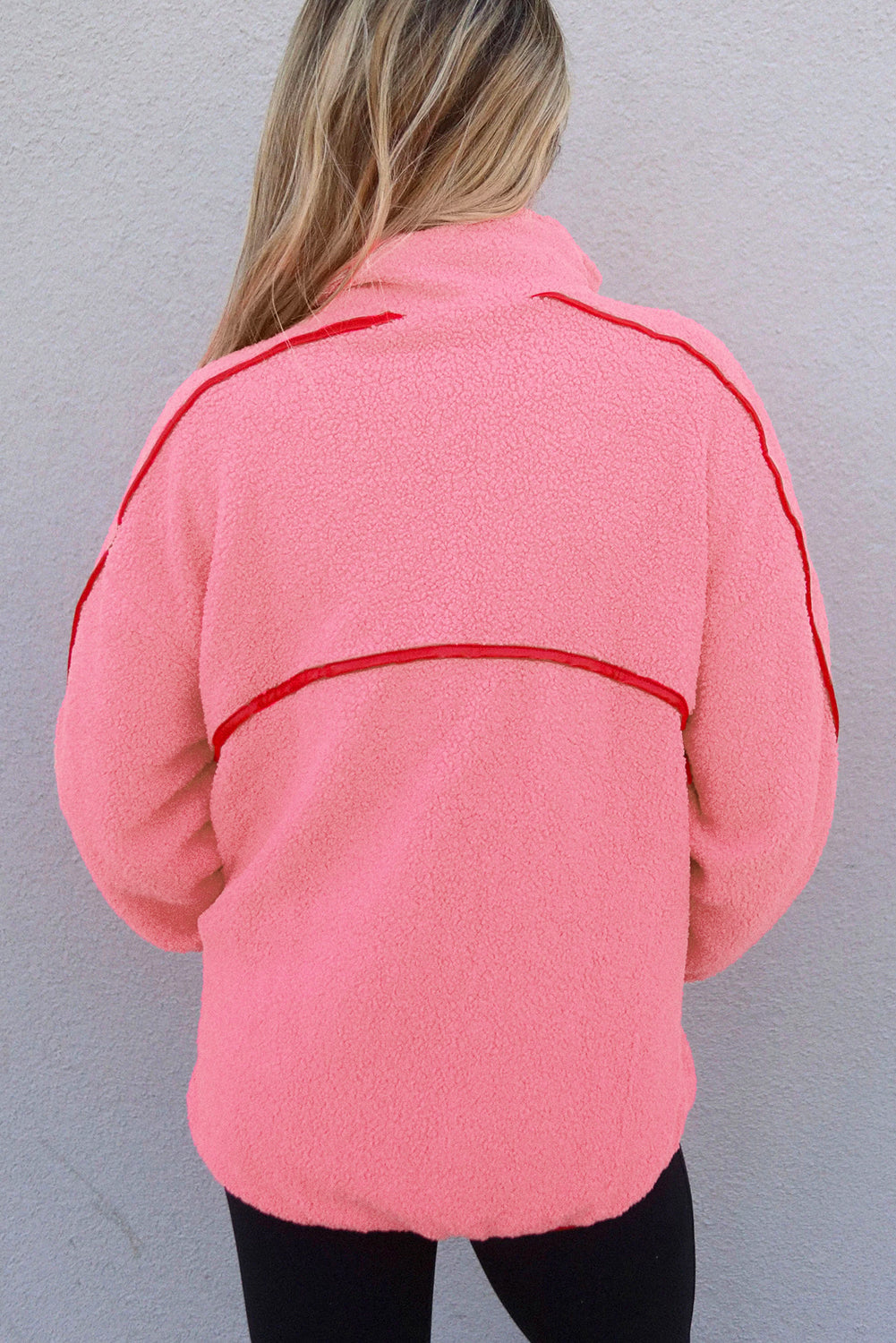 Strawberry Pink Sherpa Contrast Faux Leather Trim Half Zip Pocketed Pullover Sweatshirt-Tops/Sweatshirts & Hoodies-[Adult]-[Female]-2022 Online Blue Zone Planet