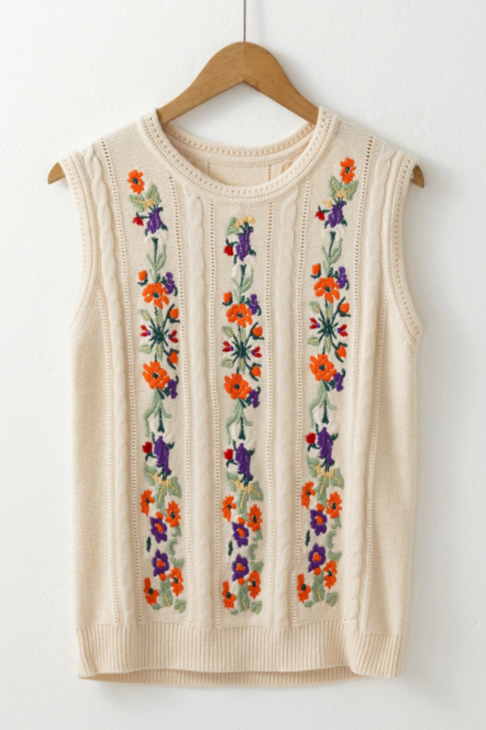 Embroidered Cable-Knit Round Neck Sweater Vest-TOPS / DRESSES-[Adult]-[Female]-2022 Online Blue Zone Planet