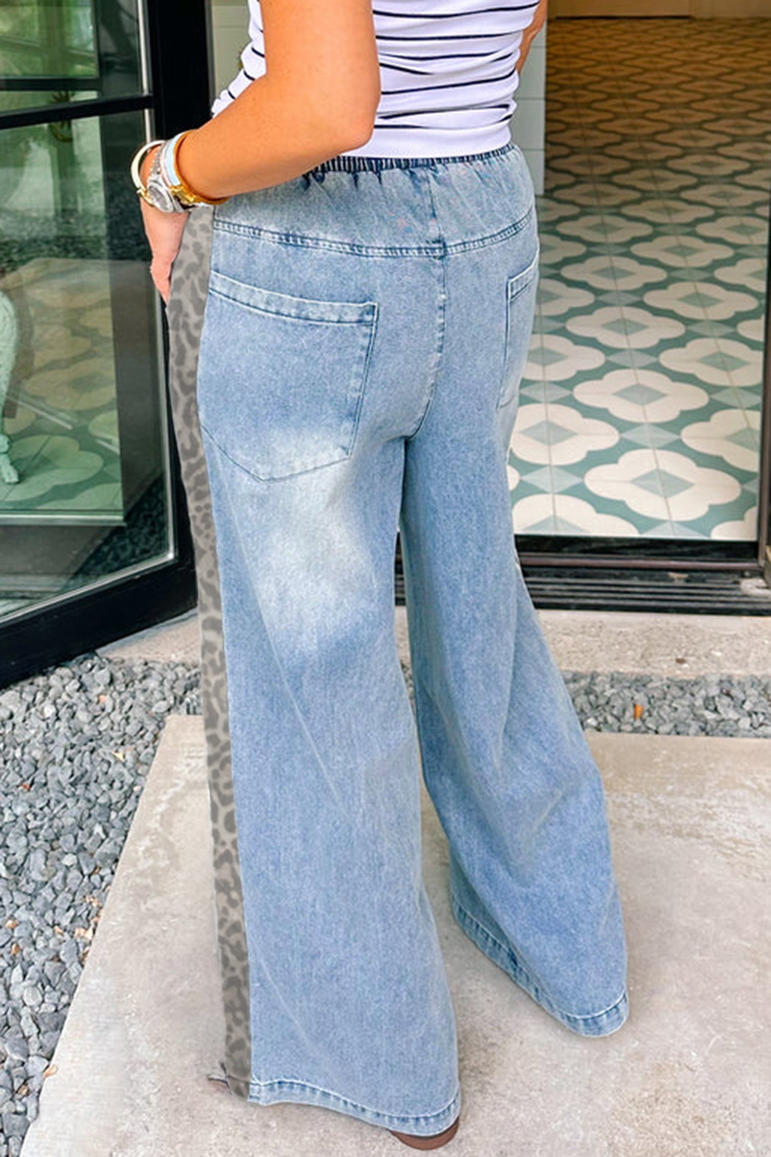 Beau Blue Drawstring Elastic Waist Leopard Striped Side Panel Wide Leg Jeans-Bottoms/Jeans-[Adult]-[Female]-2022 Online Blue Zone Planet