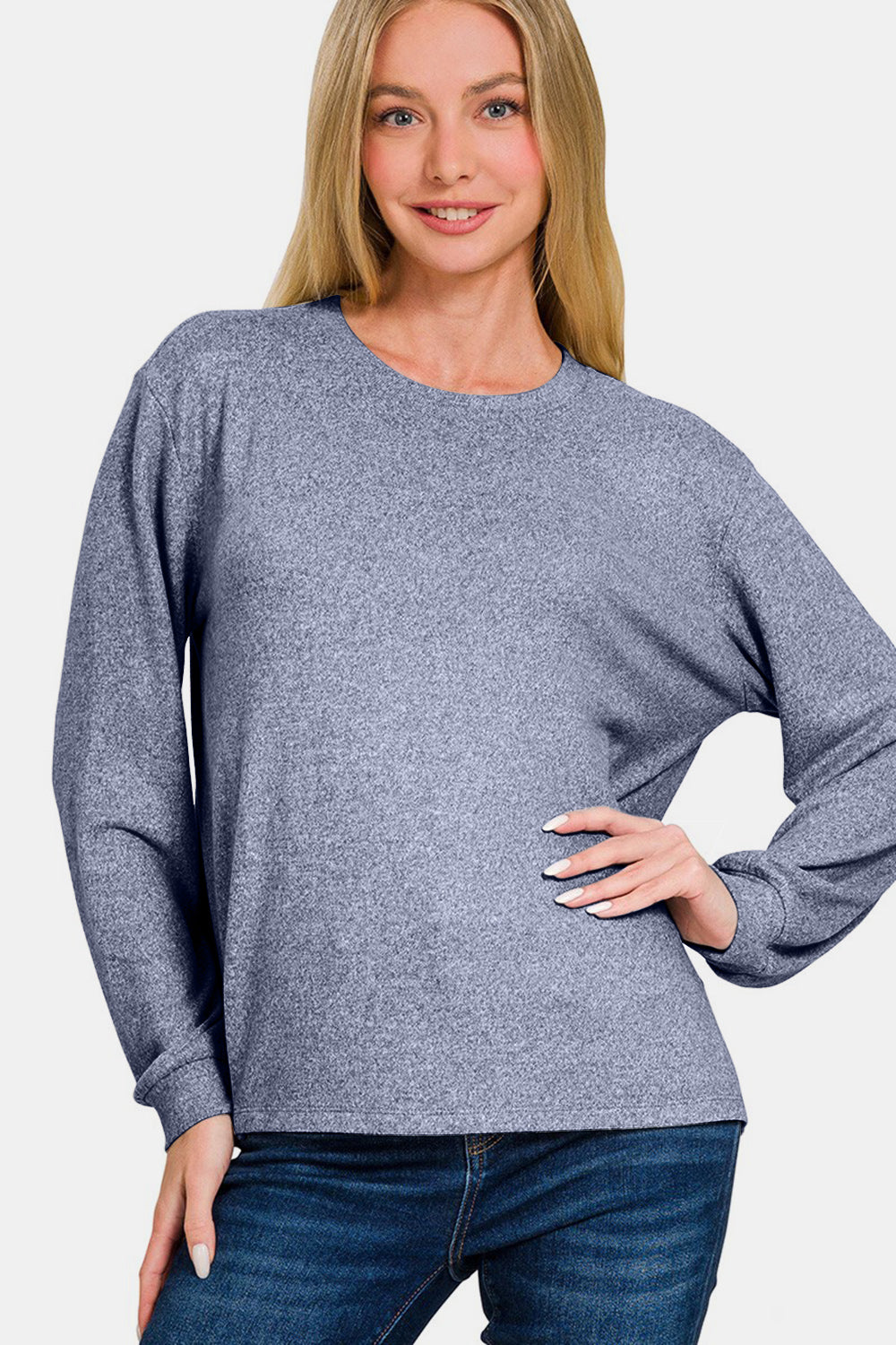 Blue Zone Planet | Zenana Hacci Round Neck Long Sleeve T-Shirt-TOPS / DRESSES-[Adult]-[Female]-LT Navy-S-2022 Online Blue Zone Planet