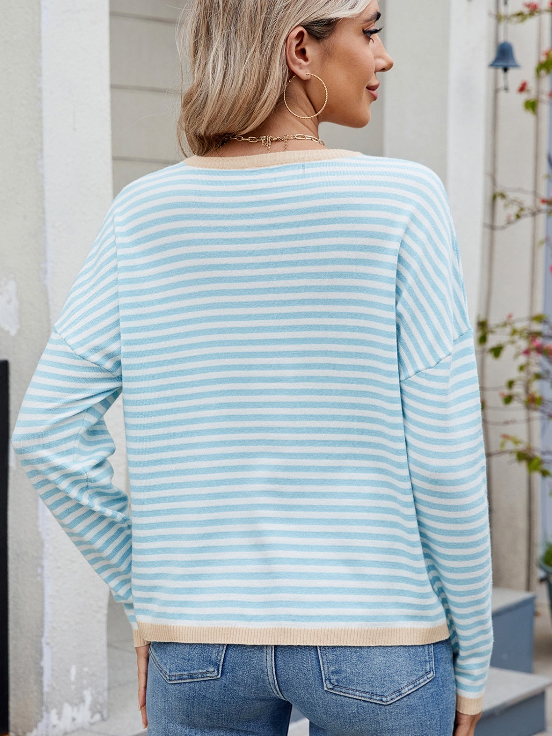 Striped Contrast Round Neck Long Sleeve Sweater-TOPS / DRESSES-[Adult]-[Female]-2022 Online Blue Zone Planet