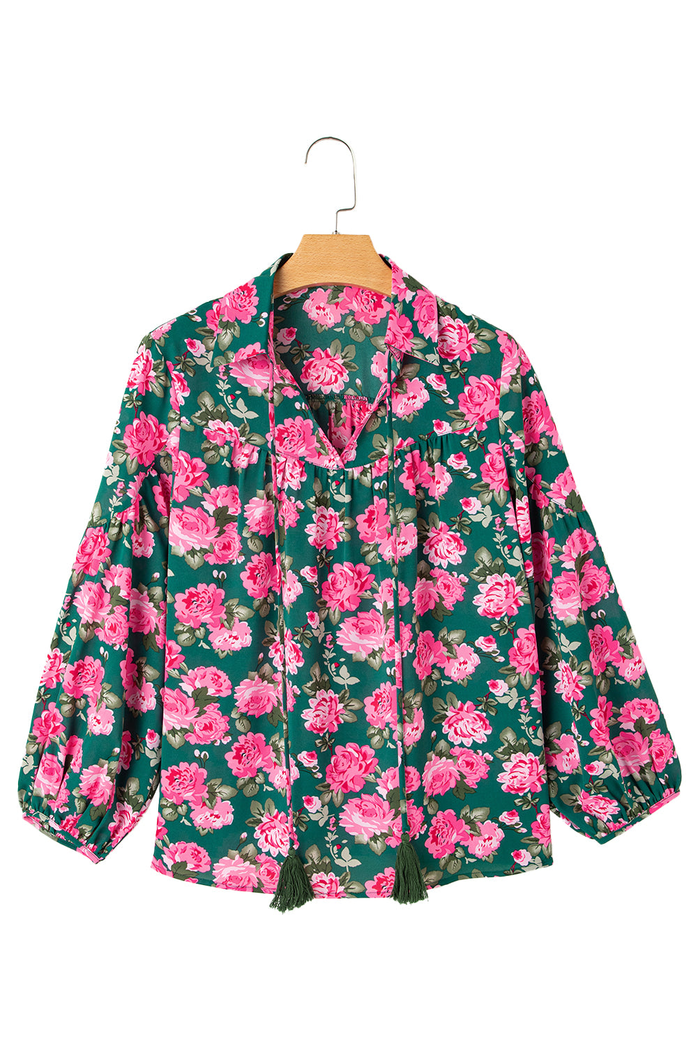 Green Floral Print Collared Puff Sleeve Blouse-Blouses-[Adult]-[Female]-2022 Online Blue Zone Planet