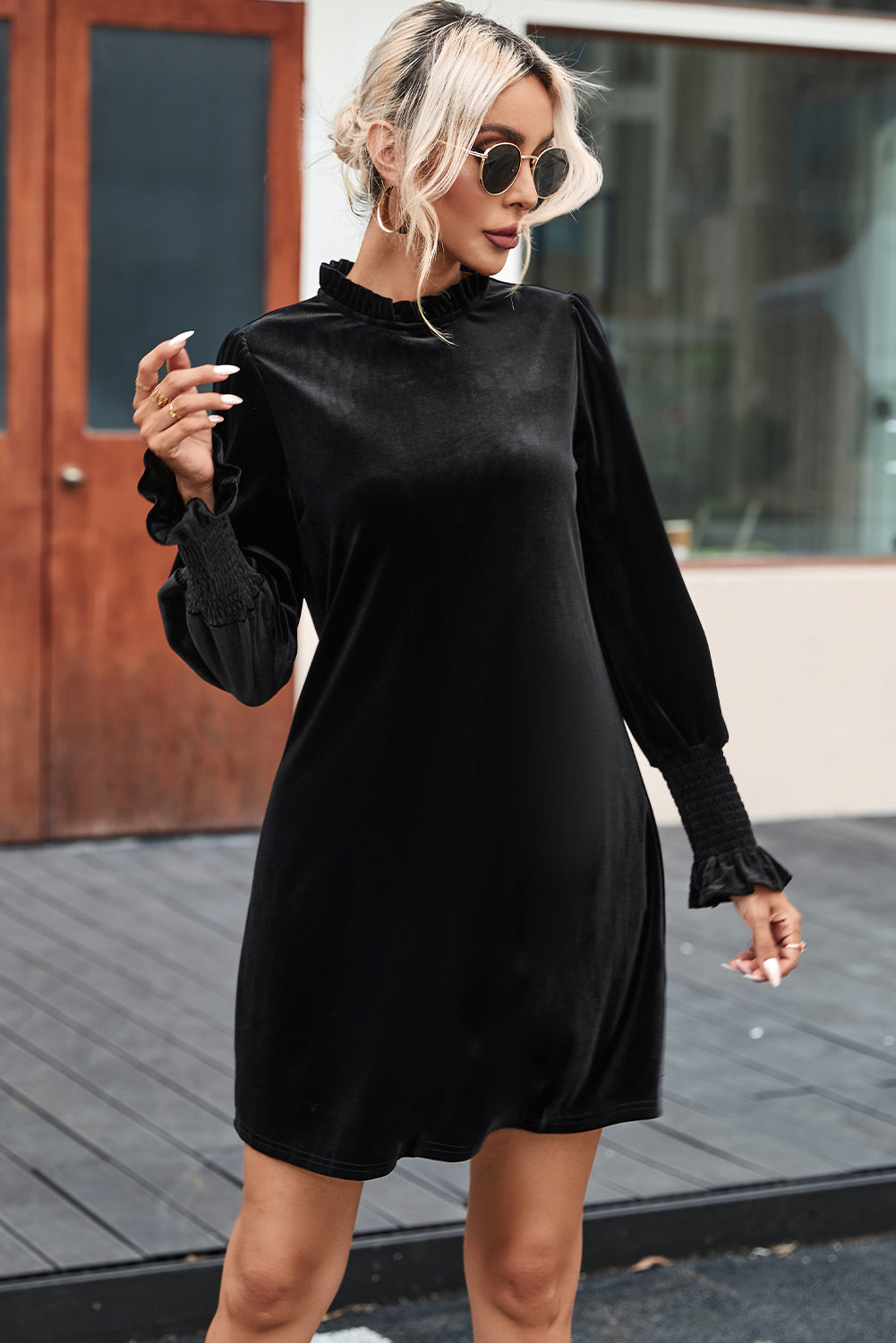 Blue Zone Planet | Black Velvet Frill Neck Long Sleeve Shift Dress-TOPS / DRESSES-[Adult]-[Female]-2022 Online Blue Zone Planet