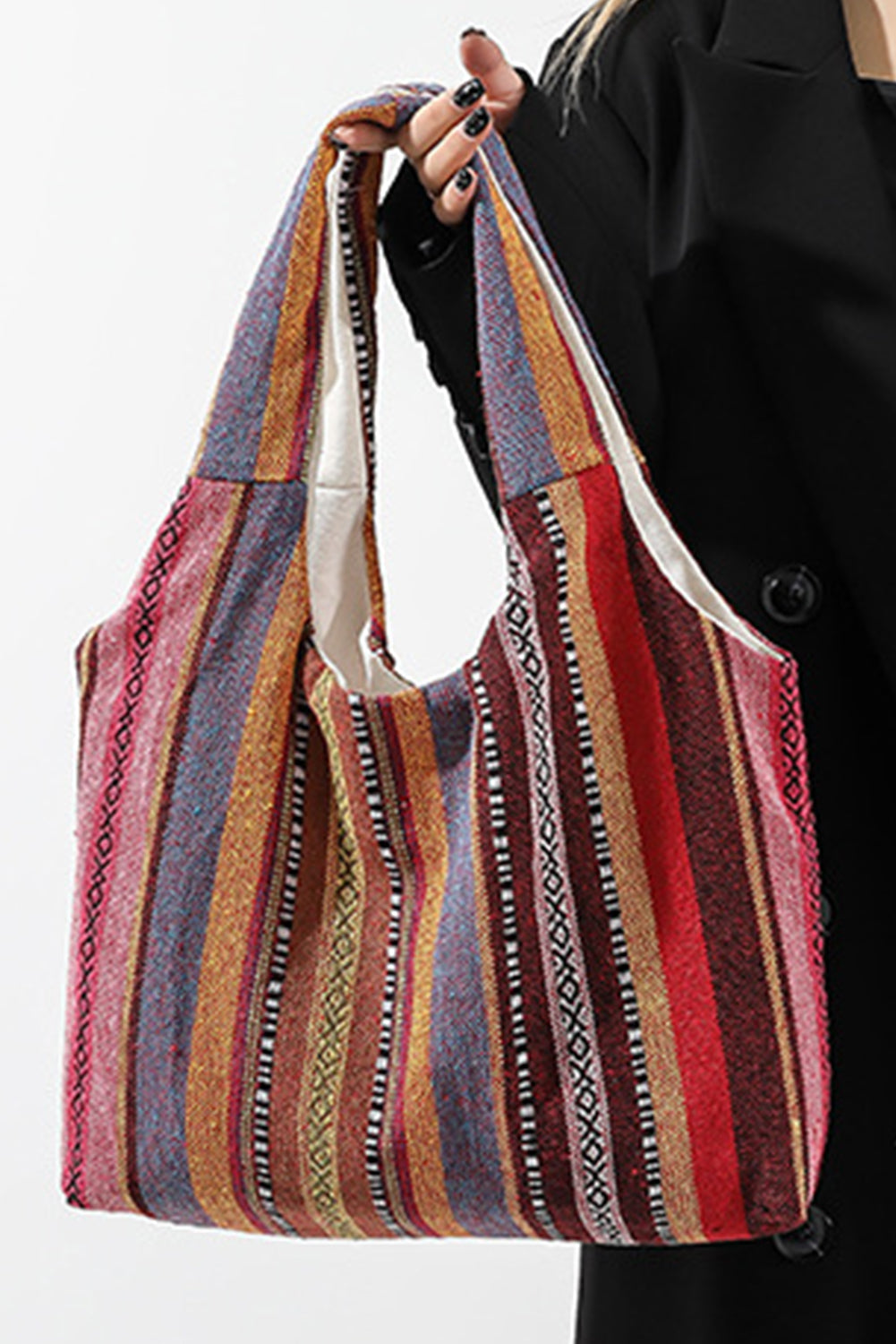 Fiery Red Ethnic Striped Canvas Tote Bag-Tote Bags-[Adult]-[Female]-Fiery Red-ONE SIZE-2022 Online Blue Zone Planet