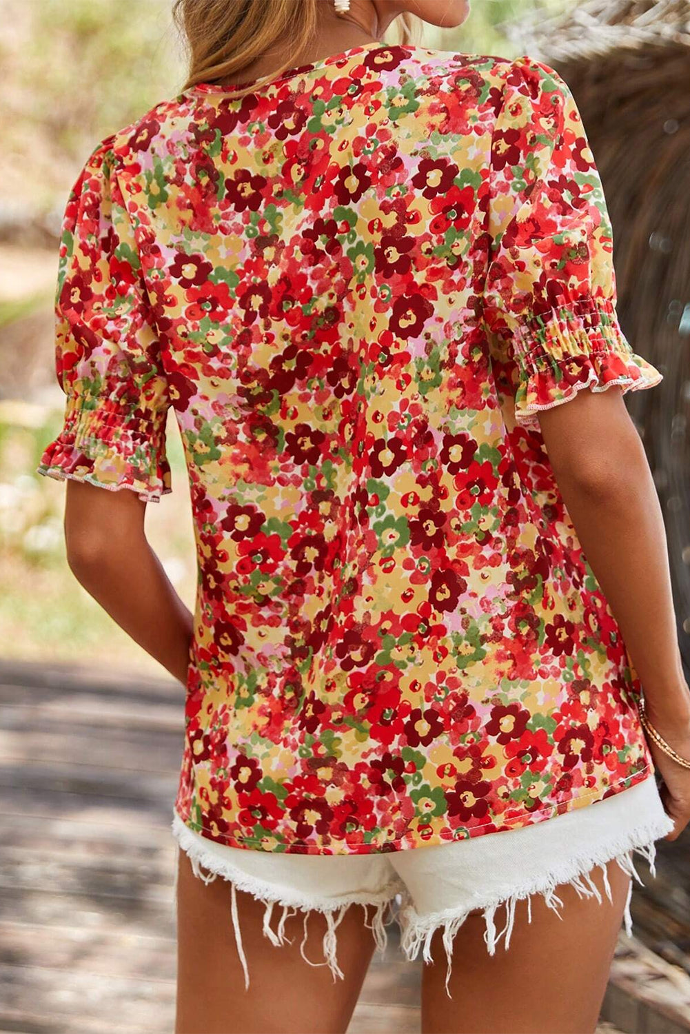 Red Floral Bubble Sleeve Pleated V Neck Wrap Blouse-Tops/Blouses & Shirts-[Adult]-[Female]-2022 Online Blue Zone Planet