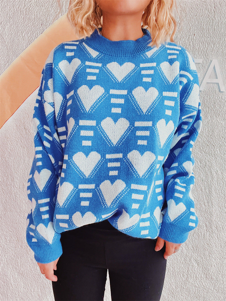 Heart Contrast Long Sleeve Dropped Shoulder Sweater-TOPS / DRESSES-[Adult]-[Female]-2022 Online Blue Zone Planet