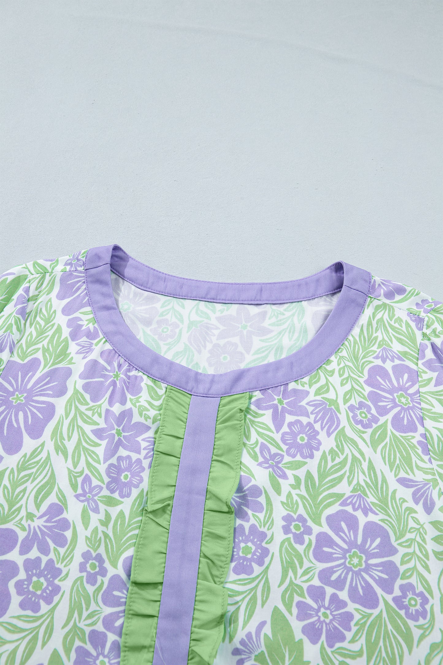 Sky Blue Floral Print Ruffled Color Block Trim Half Sleeve Blouse-Tops/Blouses & Shirts-[Adult]-[Female]-2022 Online Blue Zone Planet