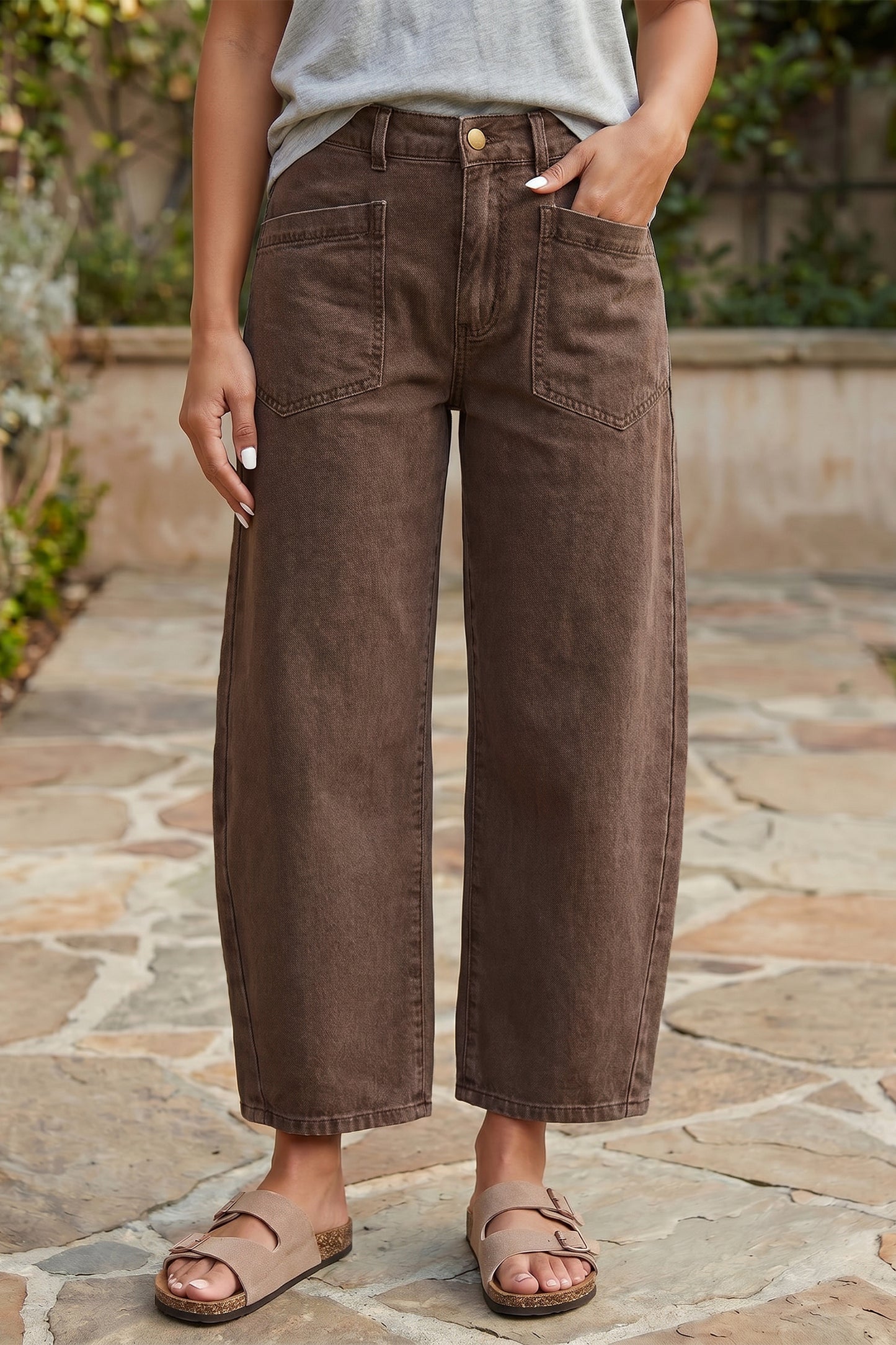 Coffee Solid Color Square Patch Pocket Ankle-length Barrel Jeans-Bottoms/Jeans-[Adult]-[Female]-2022 Online Blue Zone Planet