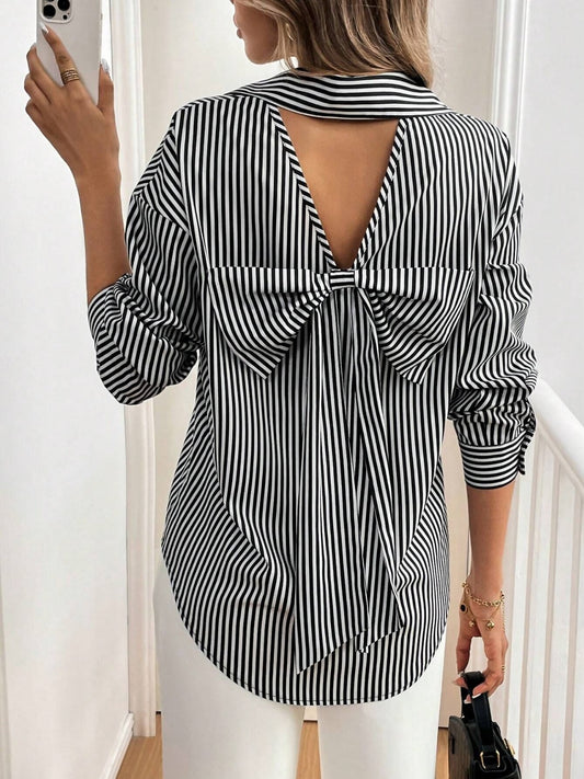 Cutout Bow Back Striped Collared Neck Long Sleeve Shirt-TOPS / DRESSES-[Adult]-[Female]-Black-S-2022 Online Blue Zone Planet